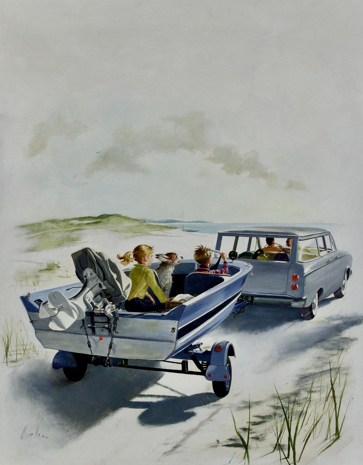 Figurative Painting de George Hughes - Paseo en barco por la autopista, portada original de verano para The Saturday Evening Post, 1962