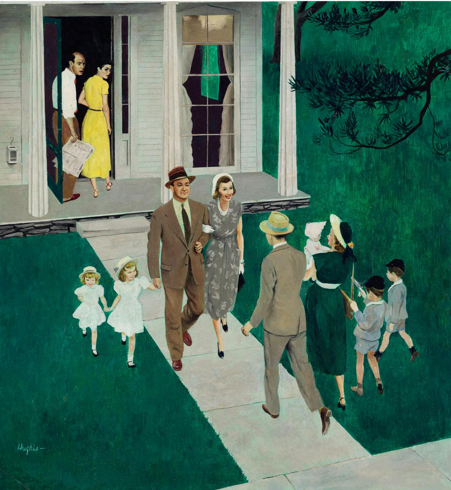 George Hughes Figurative Painting - Sunday Afternoon Callers, Saturday Evening Post Cover, June 17, 1950
