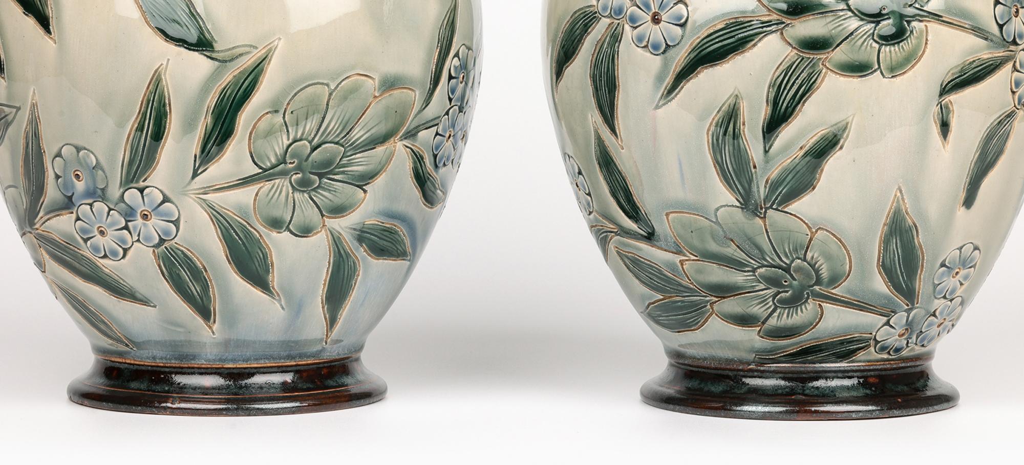 George Hugo Tabor Rare Pair Doulton Lambeth Foliate Vases 2