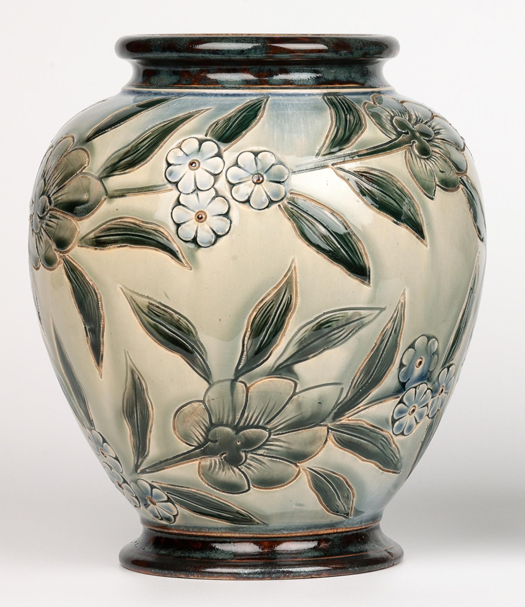 George Hugo Tabor Rare Pair Doulton Lambeth Foliate Vases 3