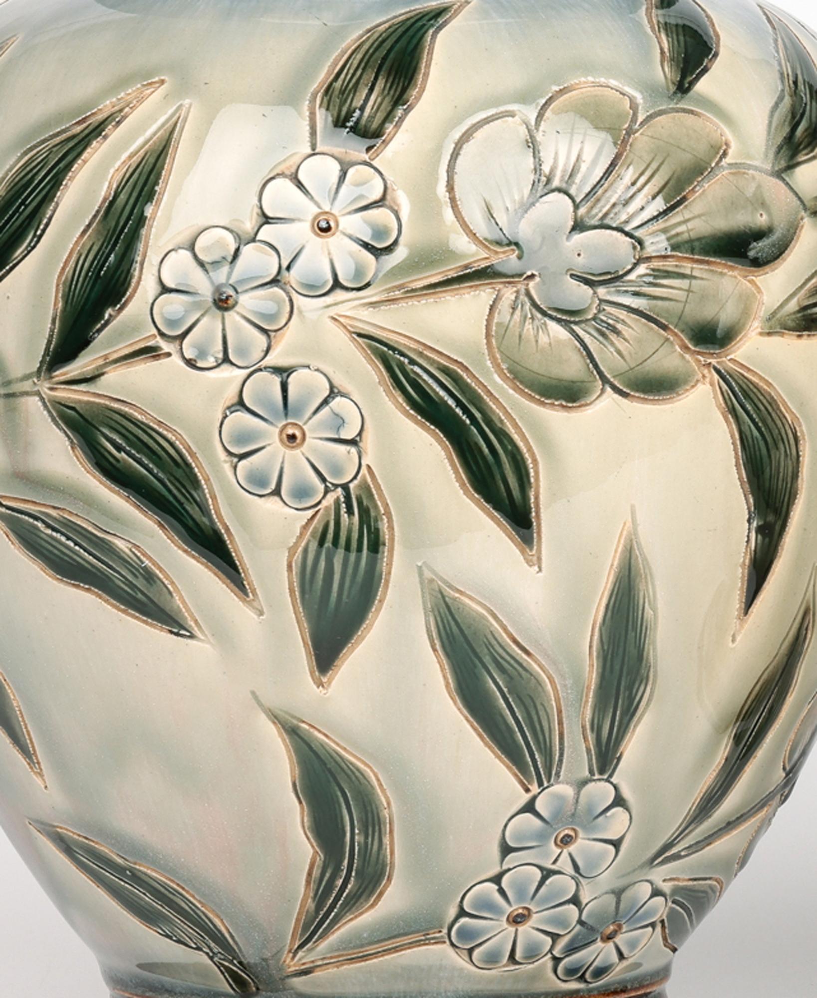 George Hugo Tabor Rare Pair Doulton Lambeth Foliate Vases 4