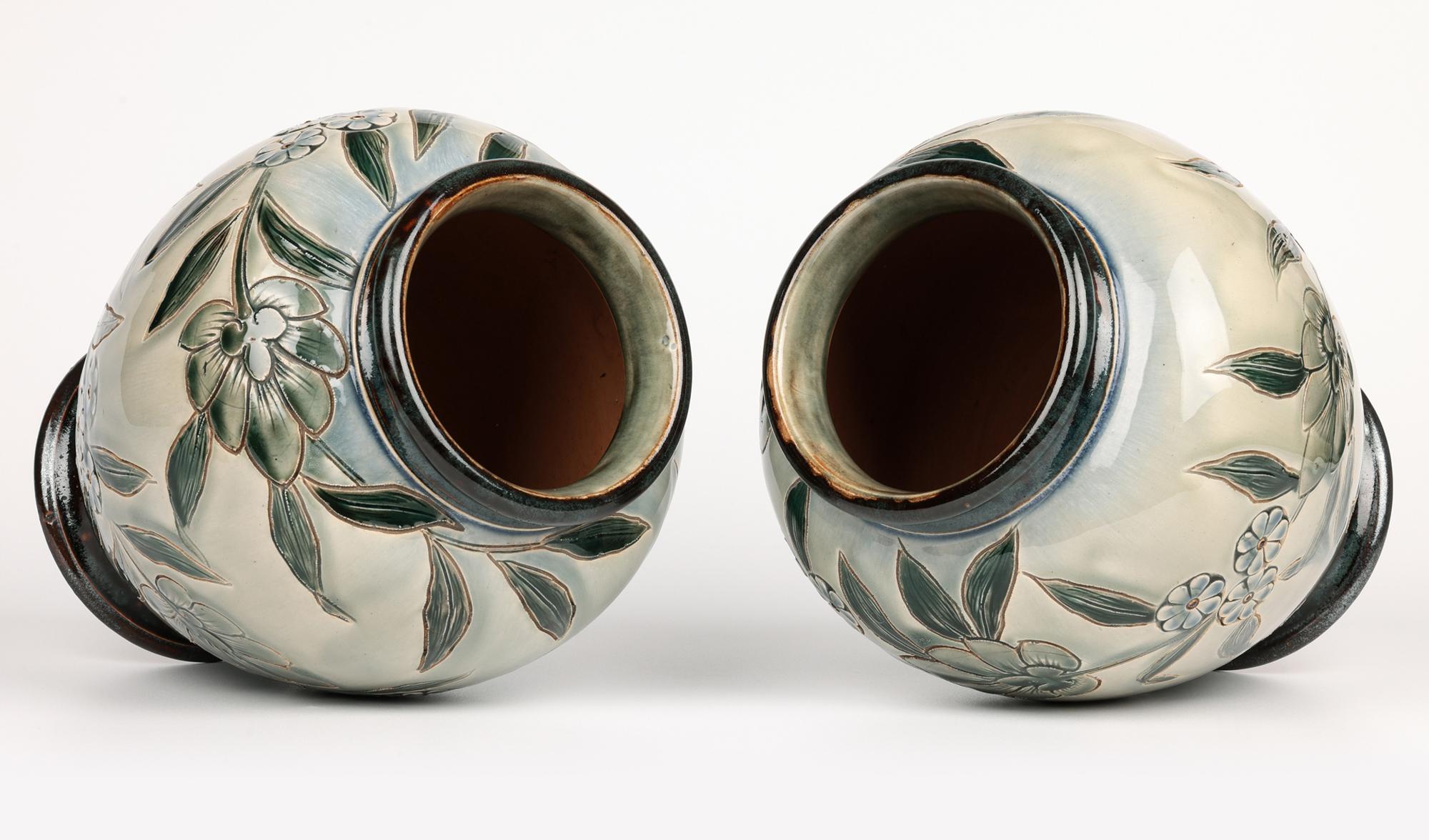 George Hugo Tabor Rare Pair Doulton Lambeth Foliate Vases 5