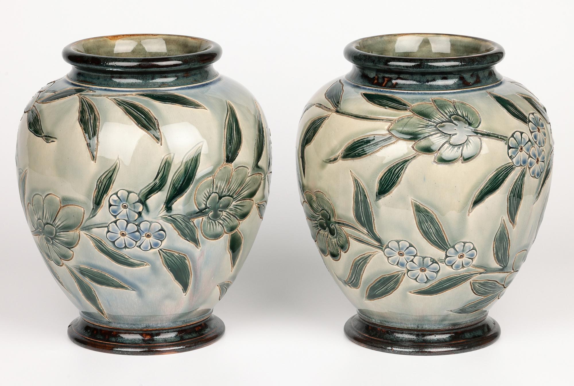 George Hugo Tabor Rare Pair Doulton Lambeth Foliate Vases 6