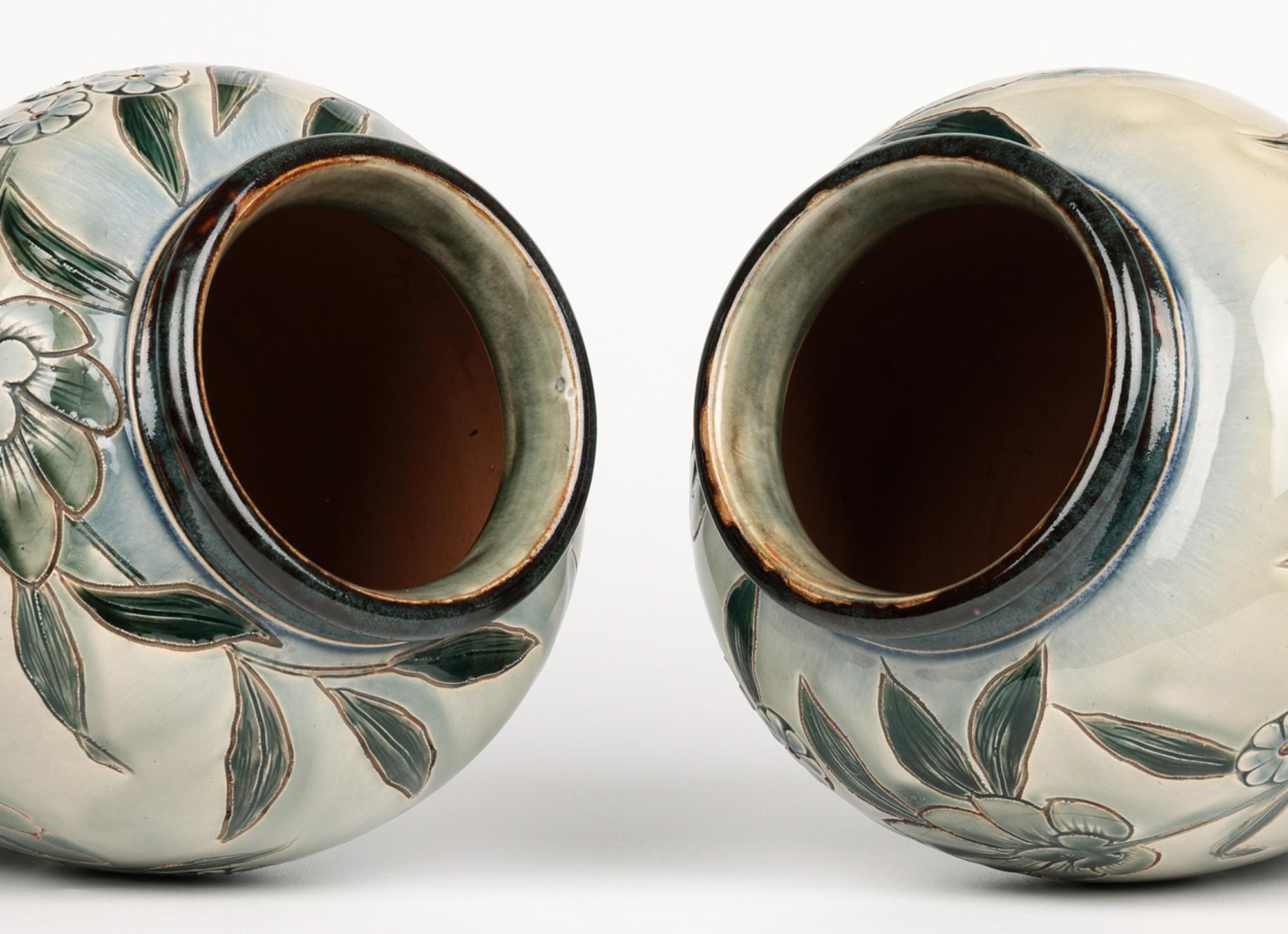 George Hugo Tabor Rare Pair Doulton Lambeth Foliate Vases 7