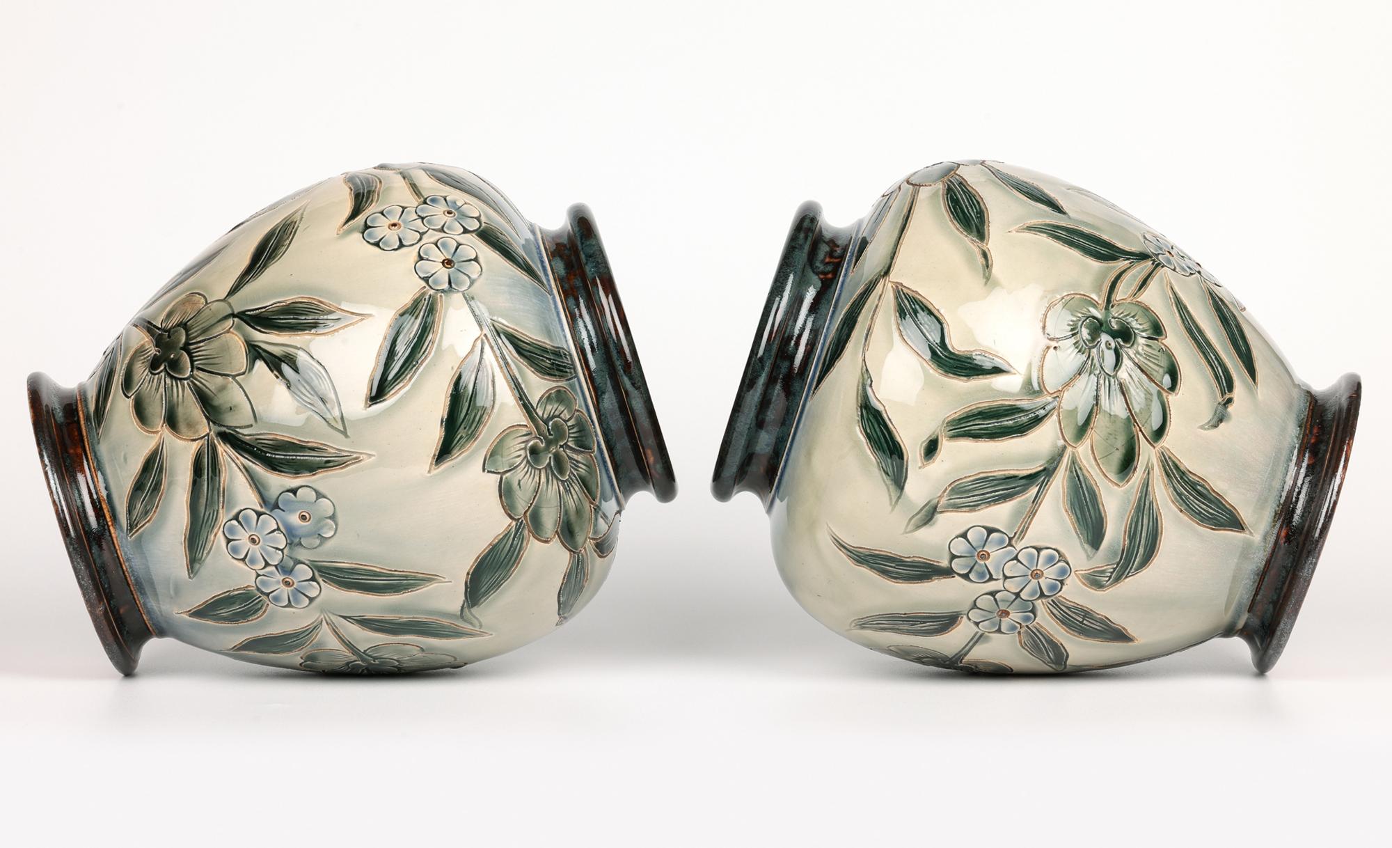 George Hugo Tabor Rare Pair Doulton Lambeth Foliate Vases 8