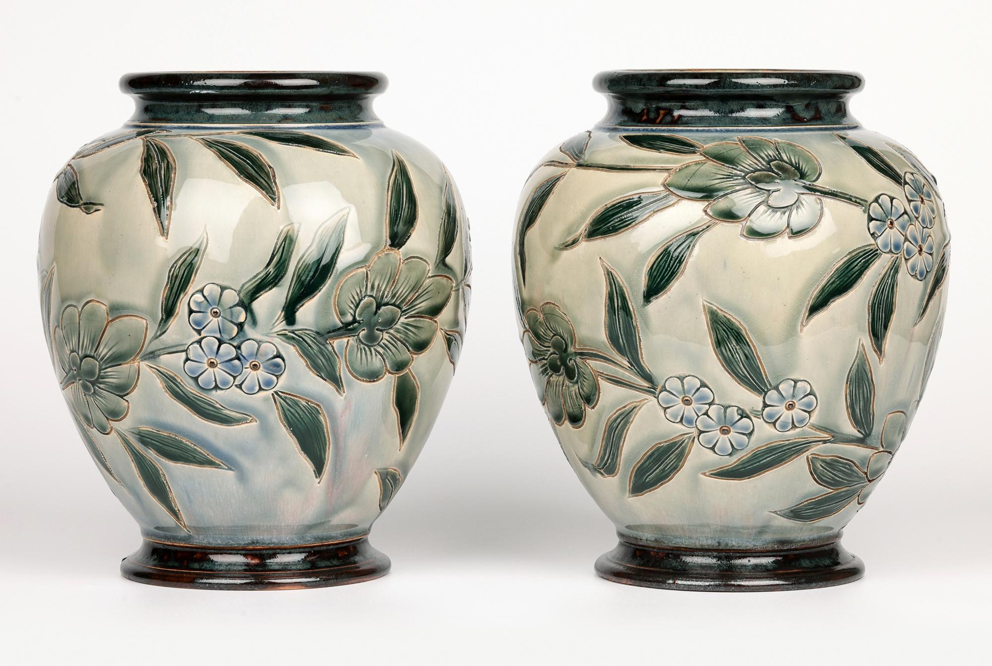 George Hugo Tabor Rare Pair Doulton Lambeth Foliate Vases 9