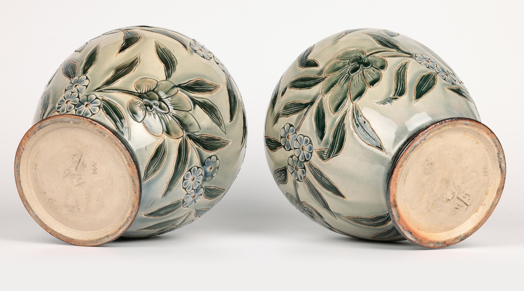 George Hugo Tabor Rare Pair Doulton Lambeth Foliate Vases 10
