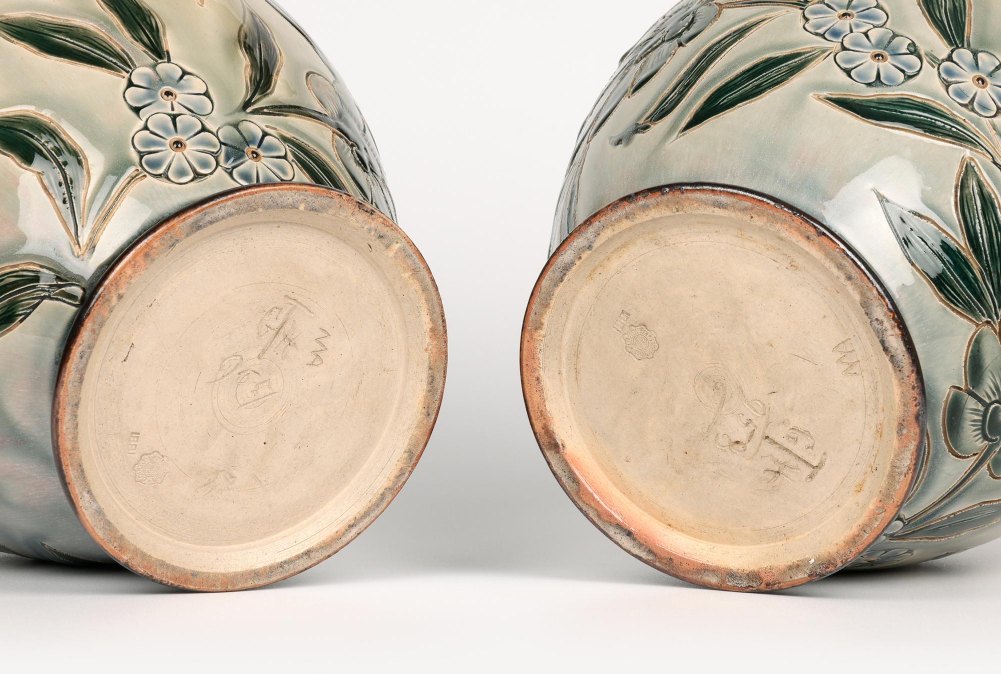 George Hugo Tabor Rare Pair Doulton Lambeth Foliate Vases 12
