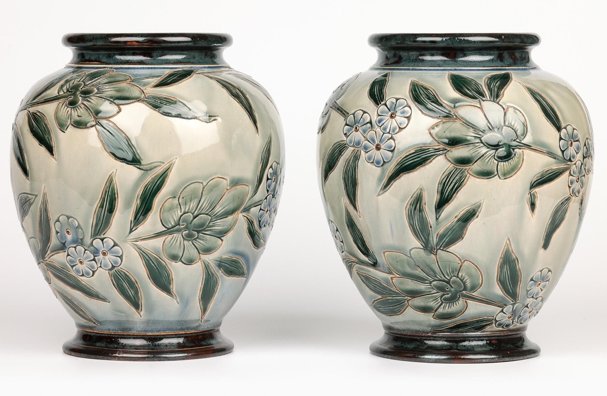Aesthetic Movement George Hugo Tabor Rare Pair Doulton Lambeth Foliate Vases