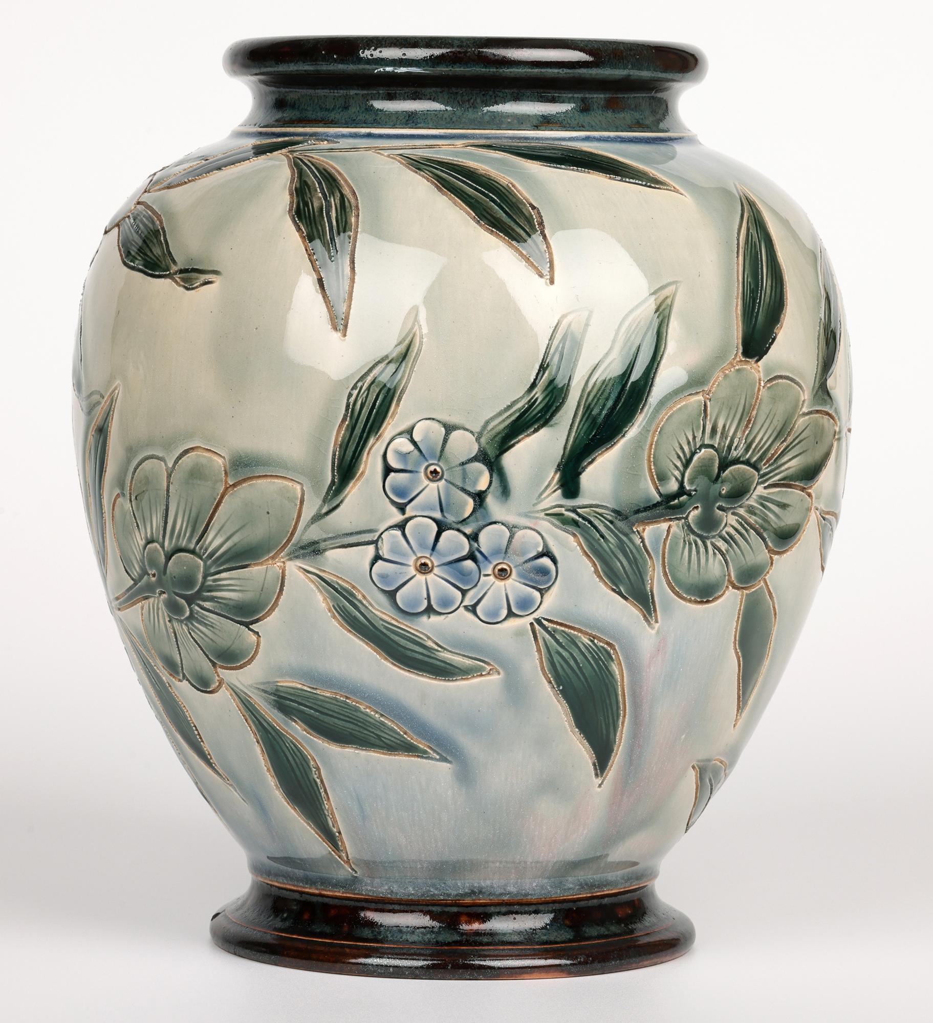 Glazed George Hugo Tabor Rare Pair Doulton Lambeth Foliate Vases