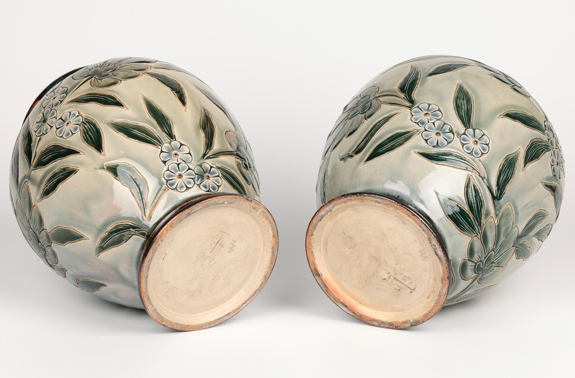 Late 19th Century George Hugo Tabor Rare Pair Doulton Lambeth Foliate Vases