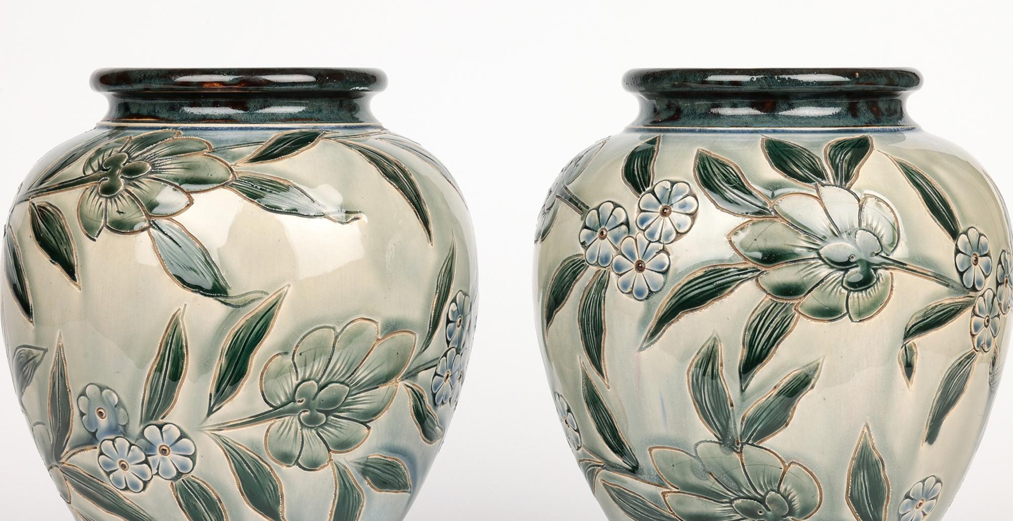 George Hugo Tabor Rare Pair Doulton Lambeth Foliate Vases 1