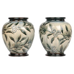 George Hugo Tabor Rare Pair Doulton Lambeth Foliate Vases