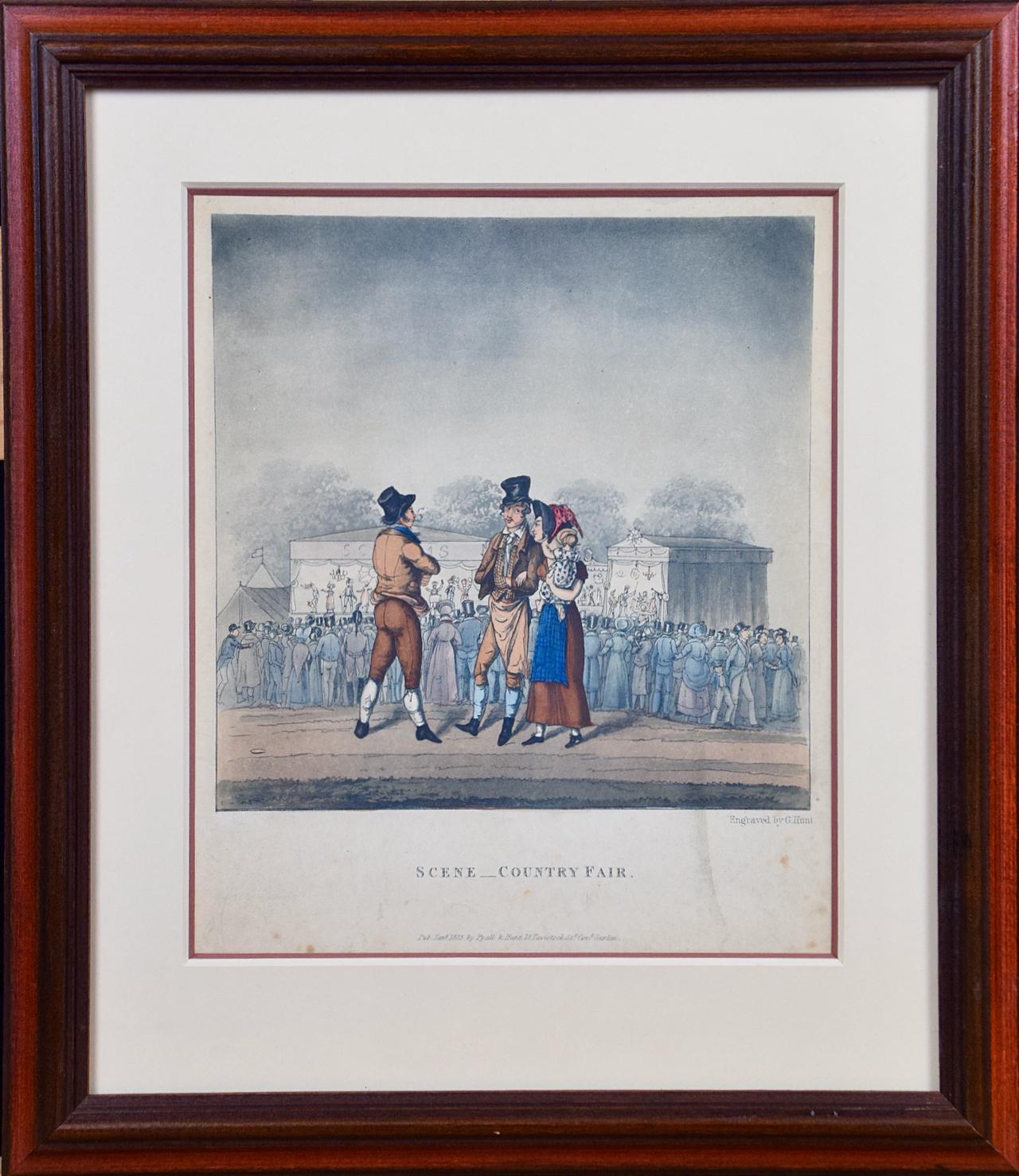 Il s'agit d'une gravure en couleur encadrée intitulée "Scene _ Country Fair" par George Hunt, publiée à Londres en 1825. Il représente un rassemblement de personnes lors d'une foire de comté du début du XIXe siècle, probablement en Angleterre. Une