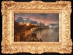 Embankment - Impressionist Oil, Cityscape at Night by George Hyde Pownall