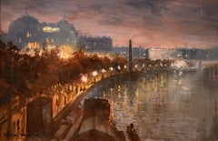 Embankment - Impressionist Oil, Cityscape at Night by George Hyde Pownall