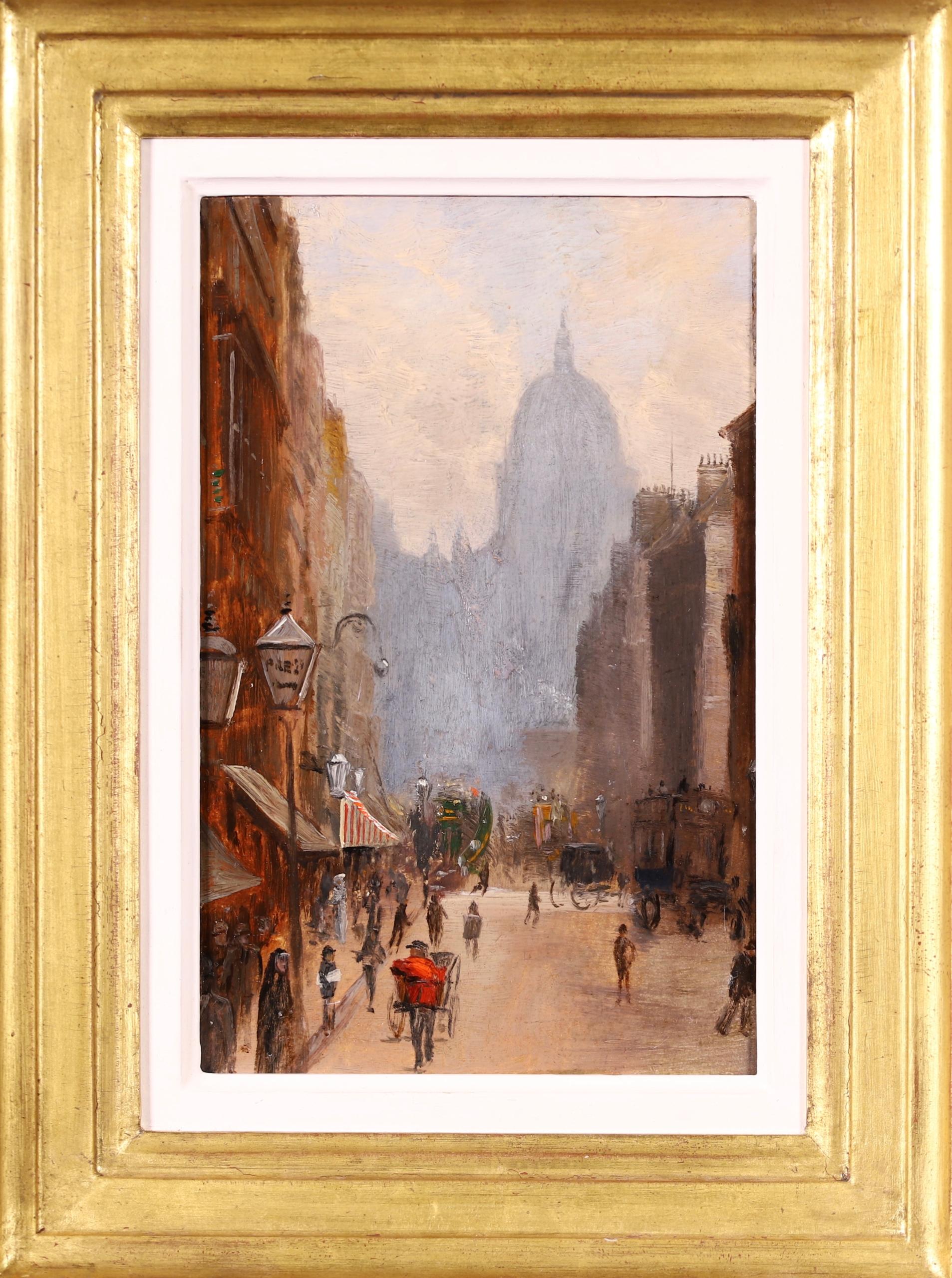 A charming oil on board circa 1890 by English impressionist painter George Hyde Pownall depicting Fleet Street in the City of London. The street is bustling with pedestrians and horse and carts. A wonderfully painted daytime