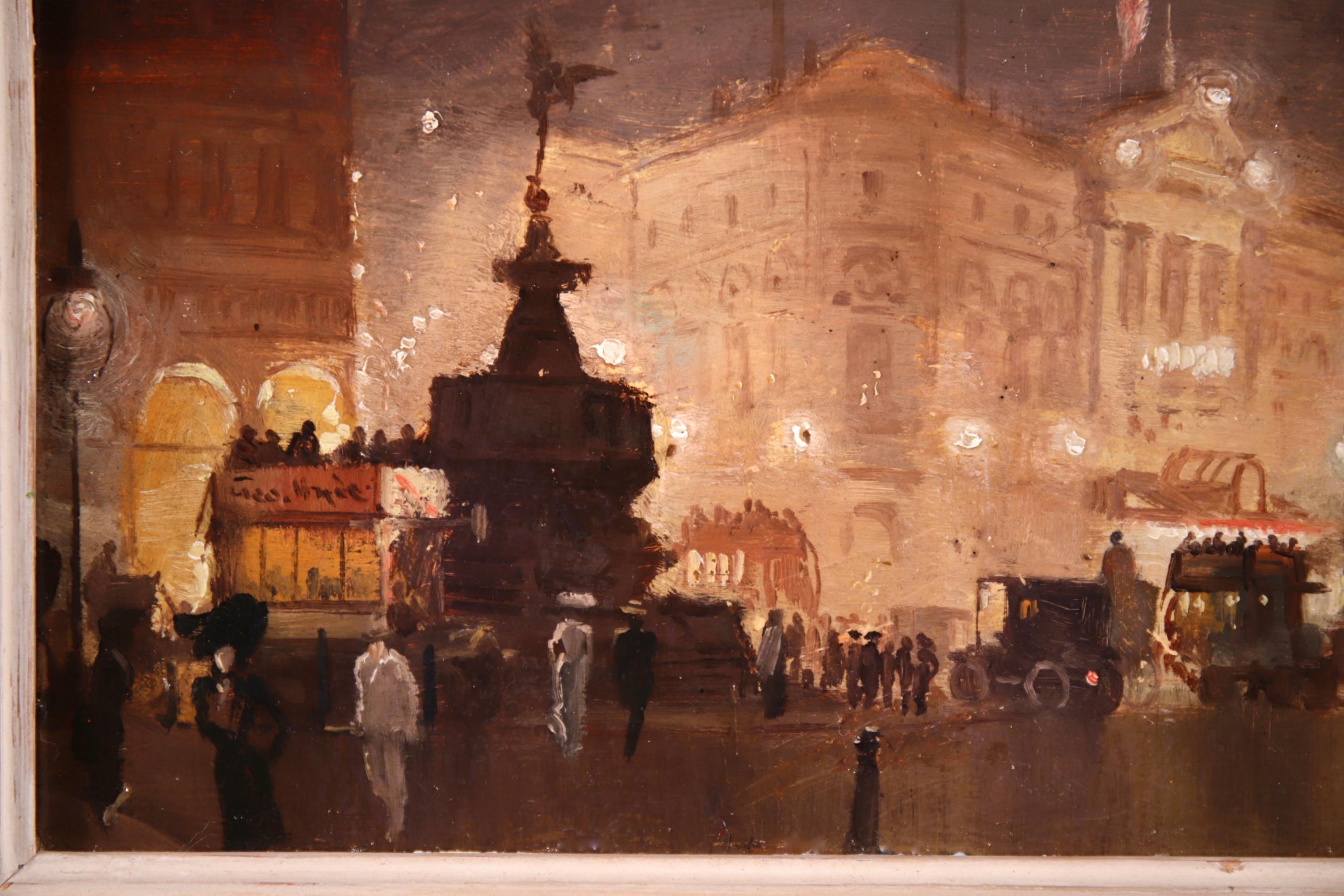 Piccadilly Circus - Impressionist Oil, Cityscape at Night by George Hyde Pownall 1