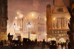 The Haymarket - Impressionist Oil, Cityscape at Night by George Hyde Pownall