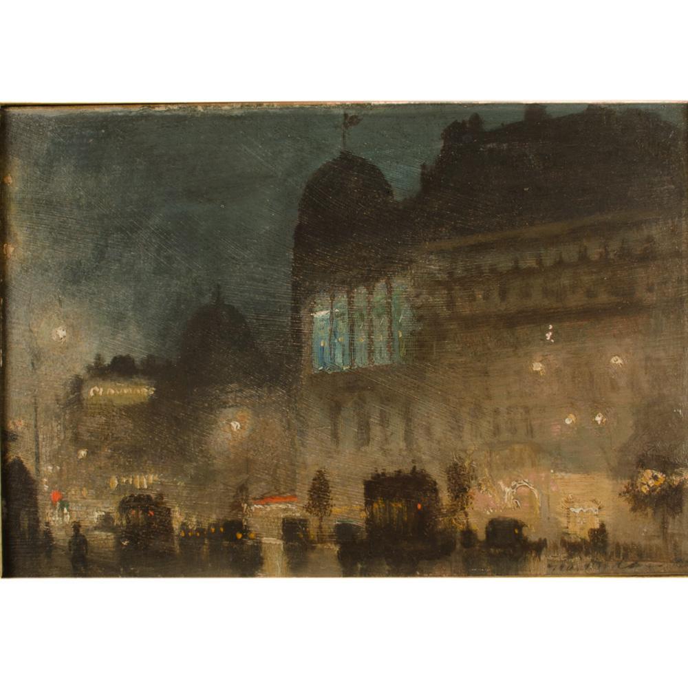 George Hyde Pownall (British/Australian, 1876 - 1932) A London street scene depicting The Gaiety Theatre. Oil on panel, signed lower right and titled en verso, 