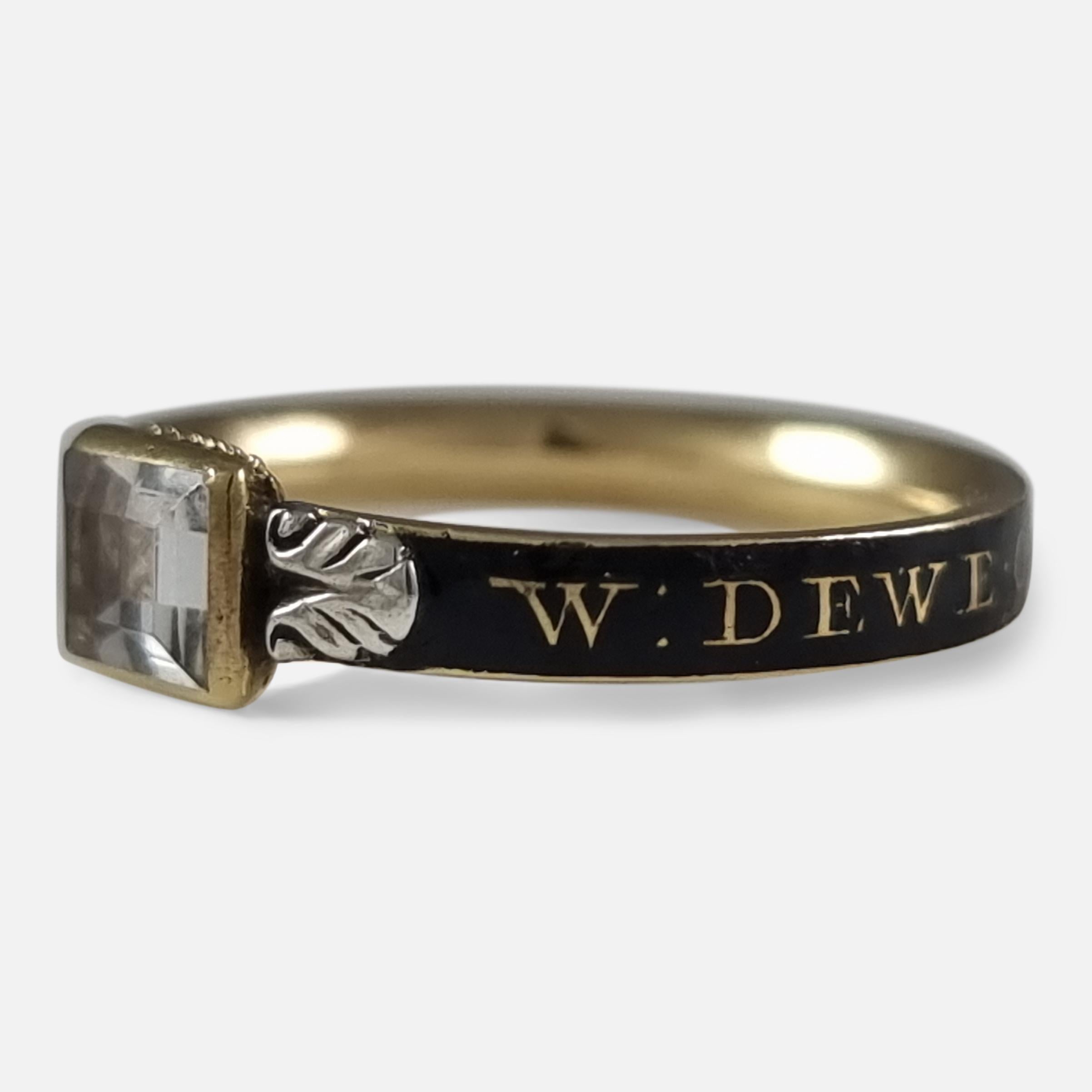 George I 18ct Gold Rock Crystal, Hair-Work, & Enamel Mourning Ring in vendita 7
