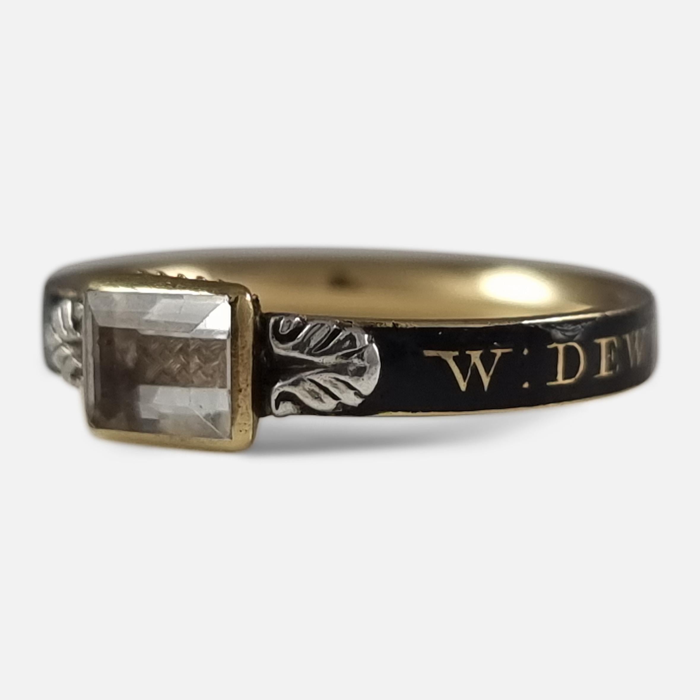 George I 18ct Gold Rock Crystal, Hair-Work, & Enamel Mourning Ring in vendita 8