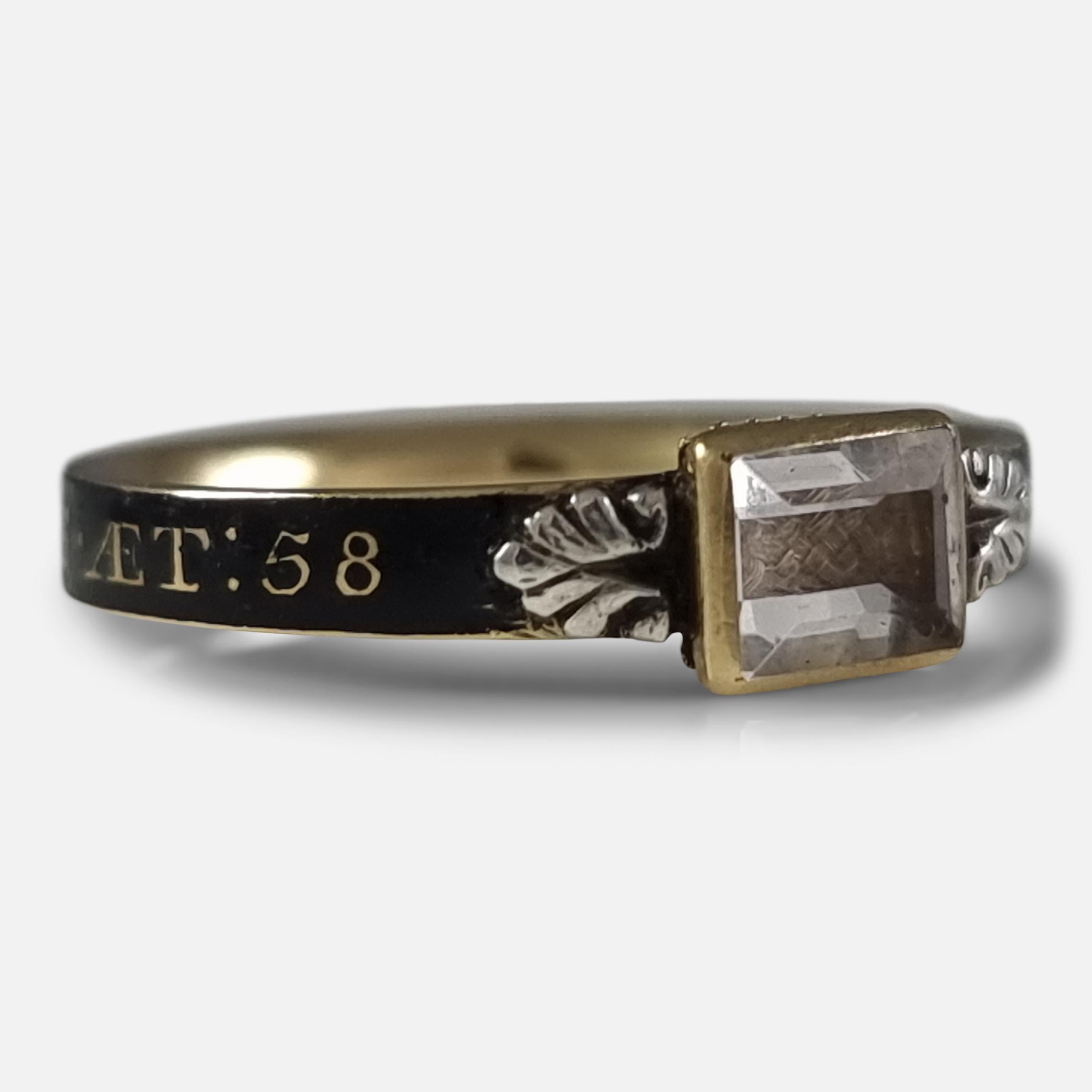 George I 18ct Gold Rock Crystal, Hair-Work, & Enamel Mourning Ring In Good Condition For Sale In Glasgow, GB