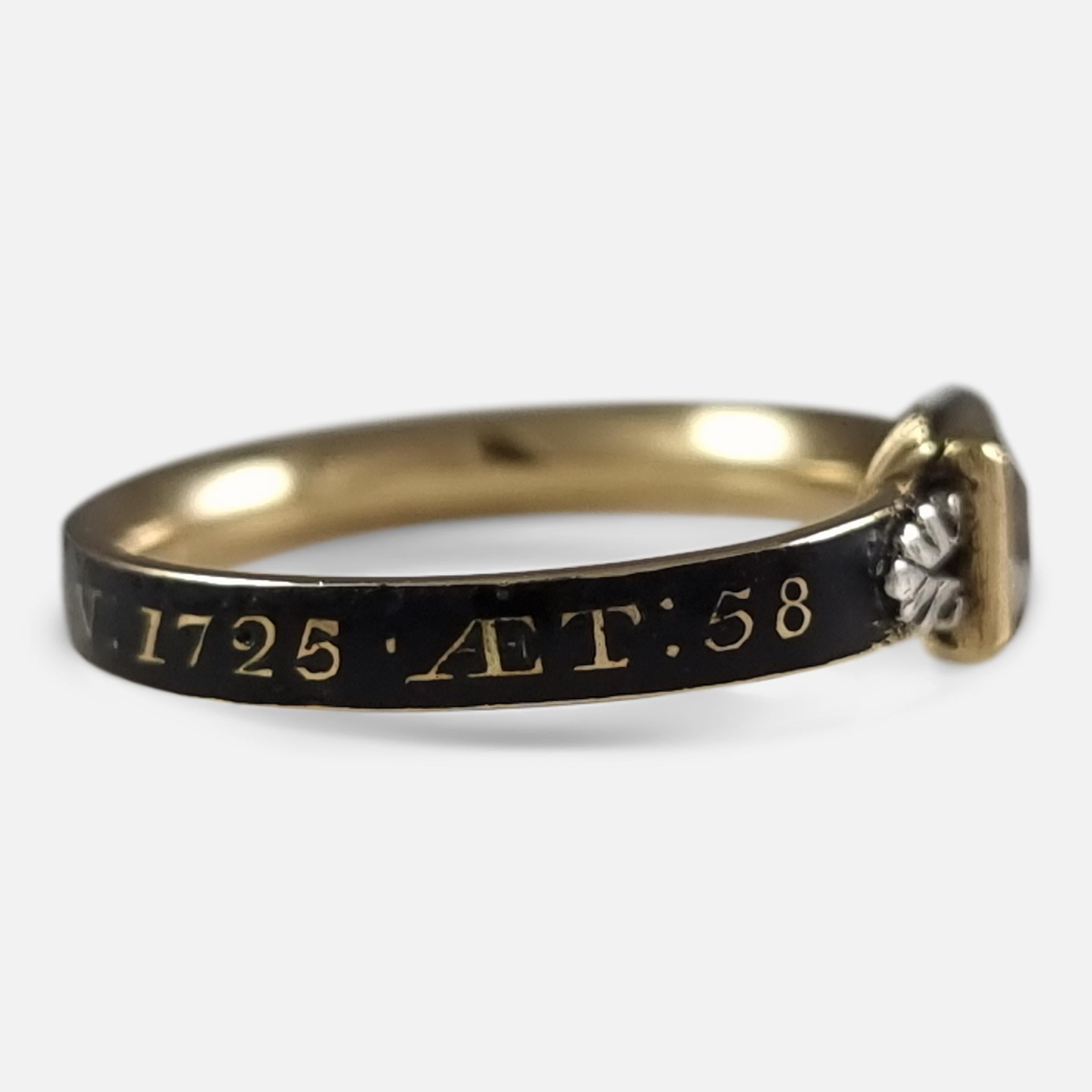 George I 18ct Gold Rock Crystal, Hair-Work, & Enamel Mourning Ring in vendita 1