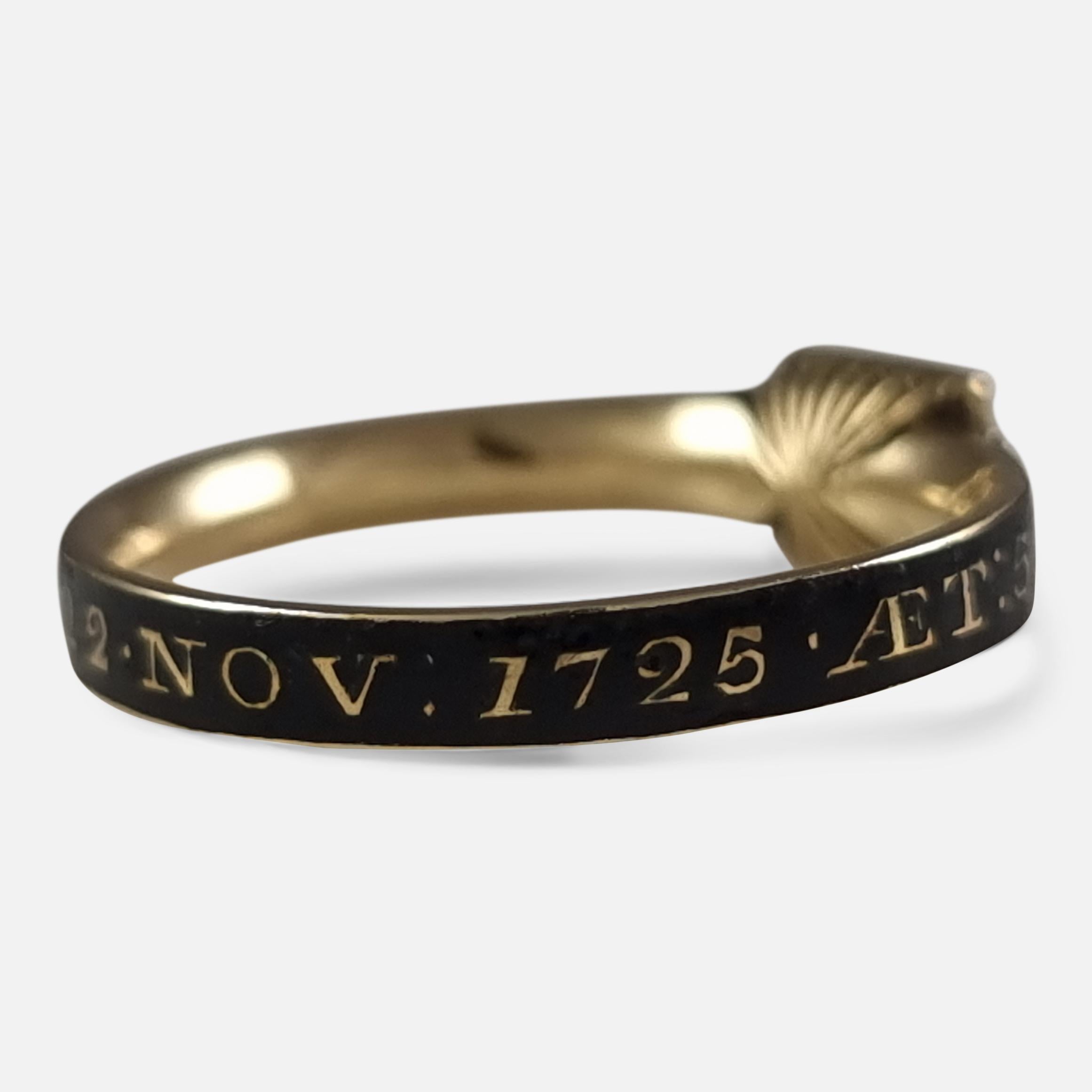 George I 18ct Gold Rock Crystal, Hair-Work, & Enamel Mourning Ring in vendita 2