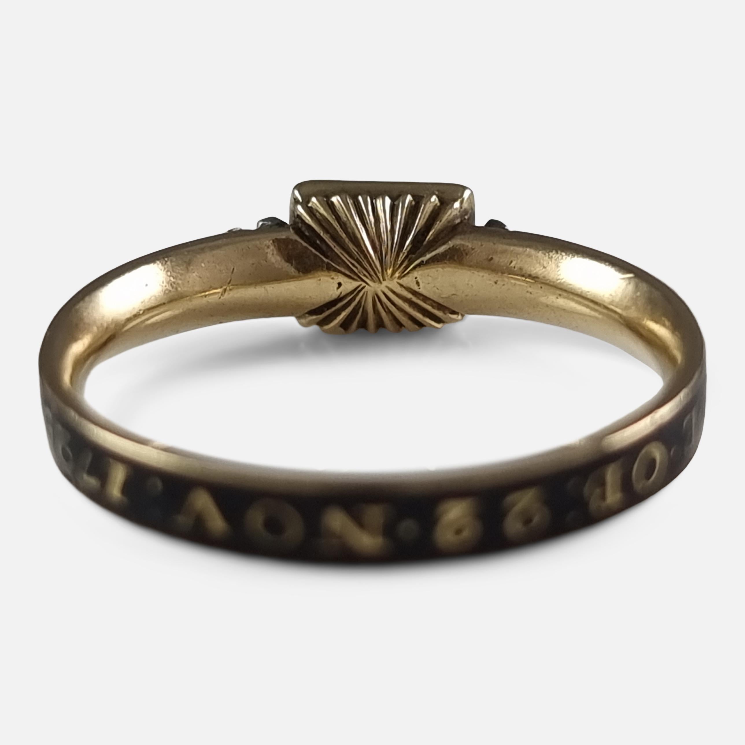 George I 18ct Gold Rock Crystal, Hair-Work, & Enamel Mourning Ring in vendita 3