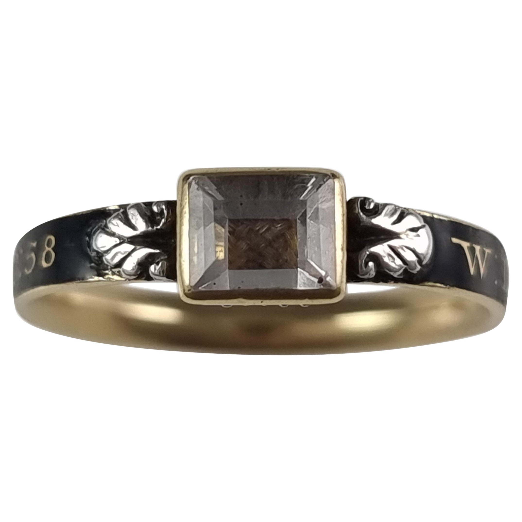 George I 18ct Gold Rock Crystal, Hair-Work, & Enamel Mourning Ring