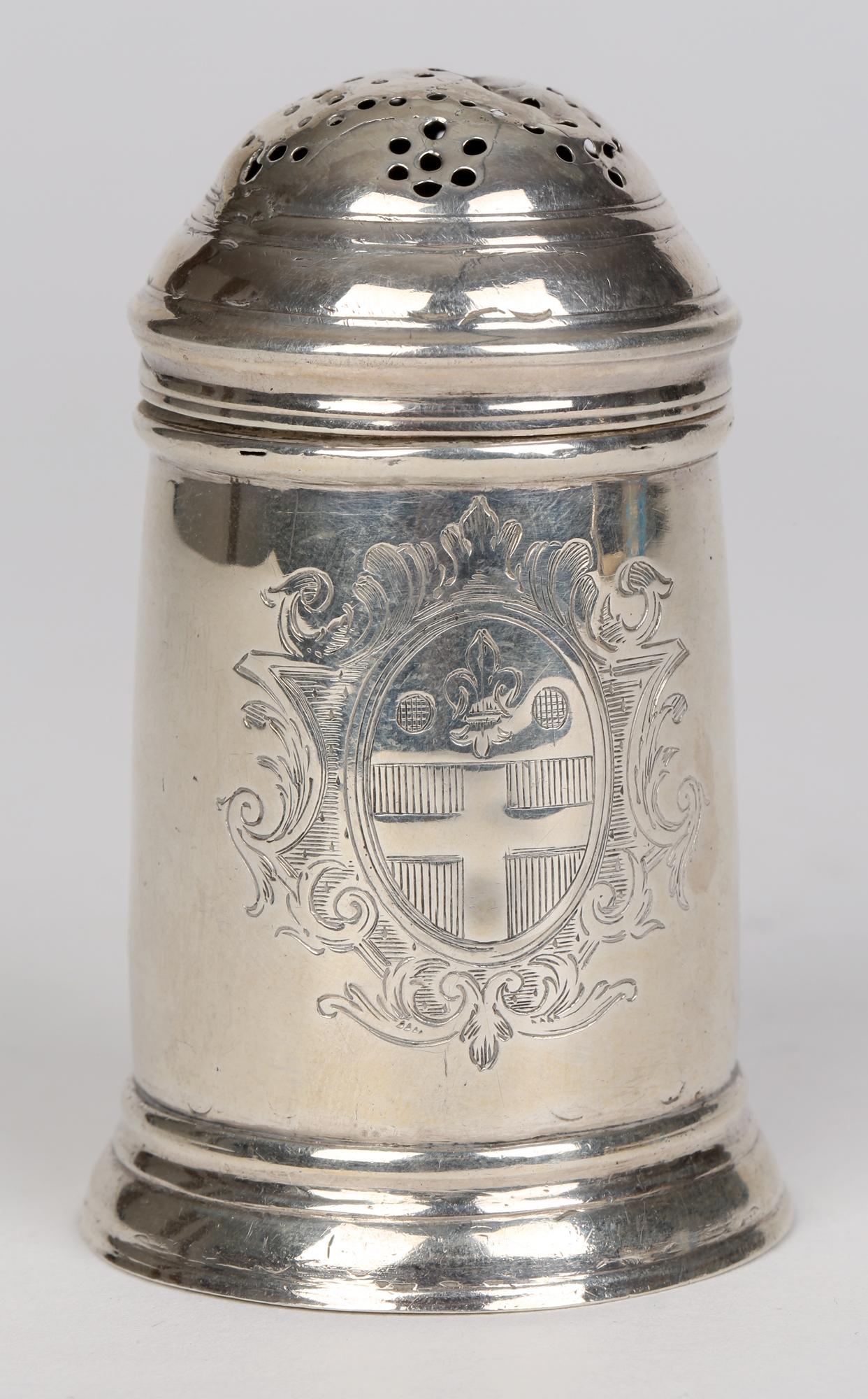 Hand-Crafted George I Armorial Silver Handled Kitchen Pepper Shaker, London, 1725 For Sale