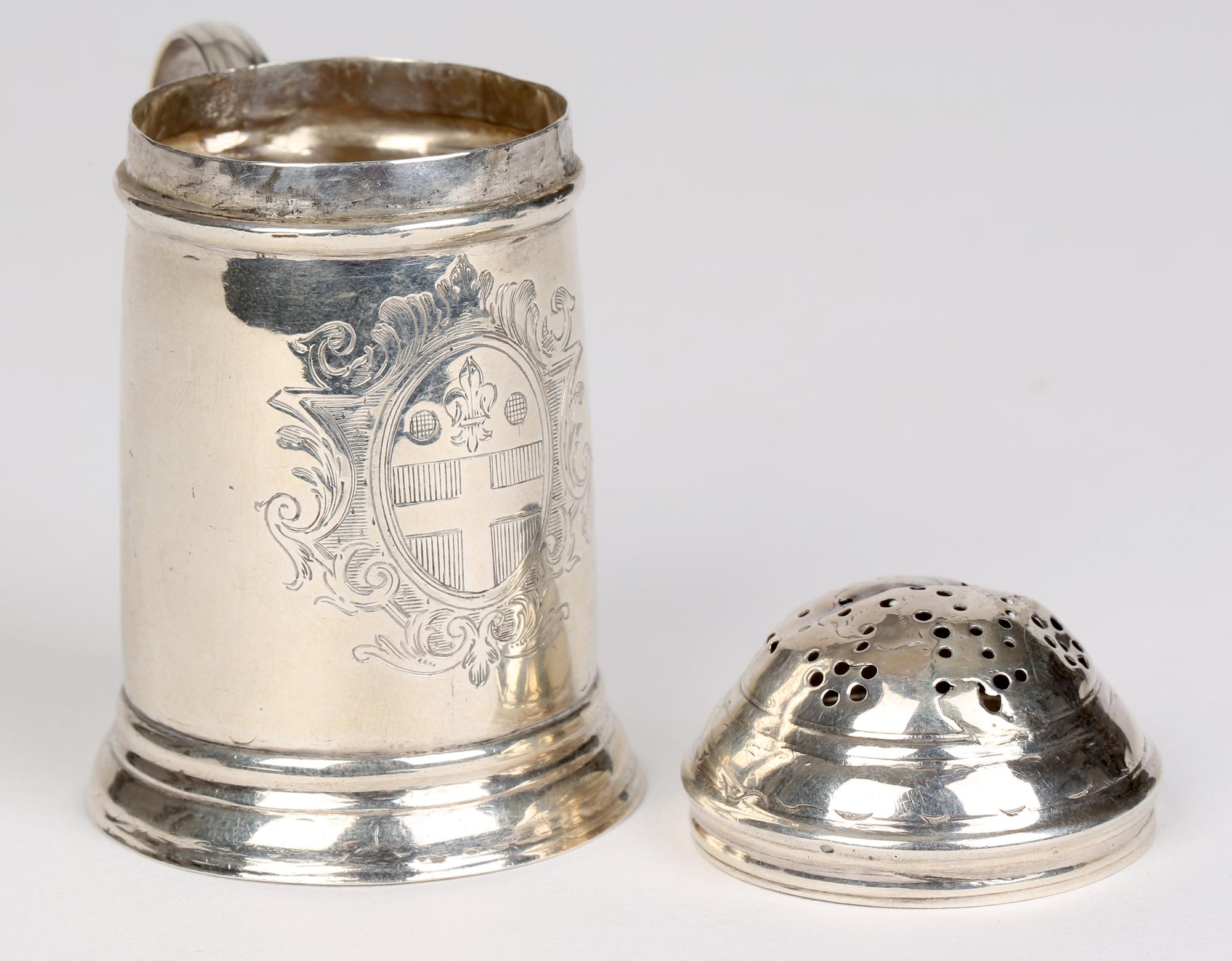 Early 18th Century George I Armorial Silver Handled Kitchen Pepper Shaker, London, 1725 For Sale