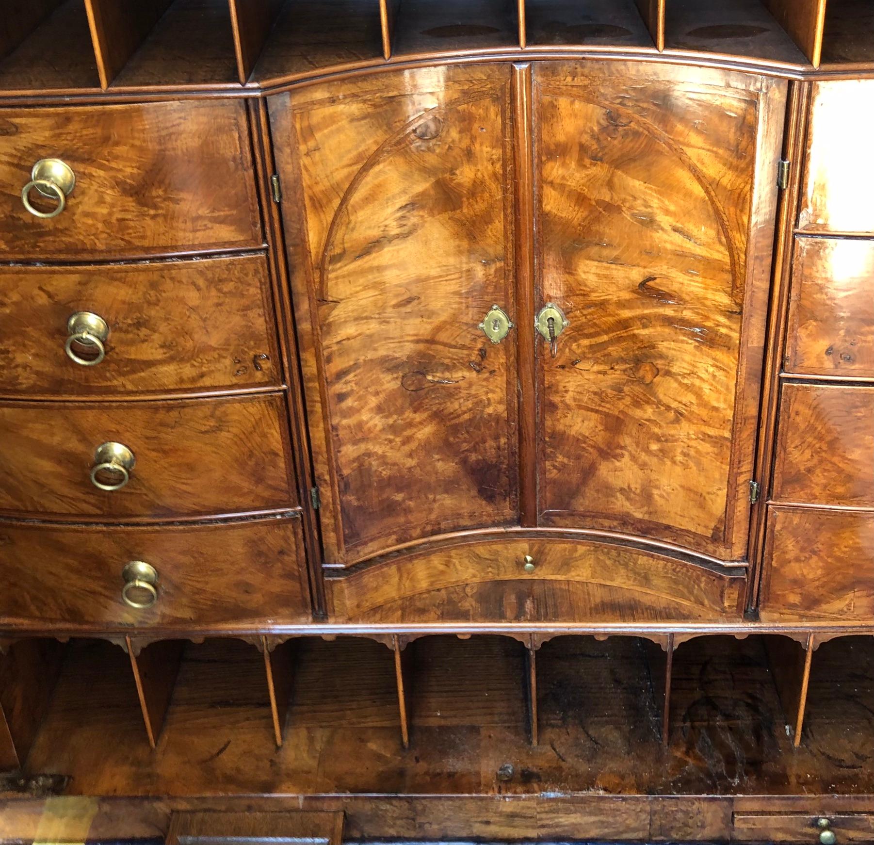 18th Century Exceptionally Fine Queen Anne Burr Walnut Dome Top Bureau Bookcase Secretary For Sale