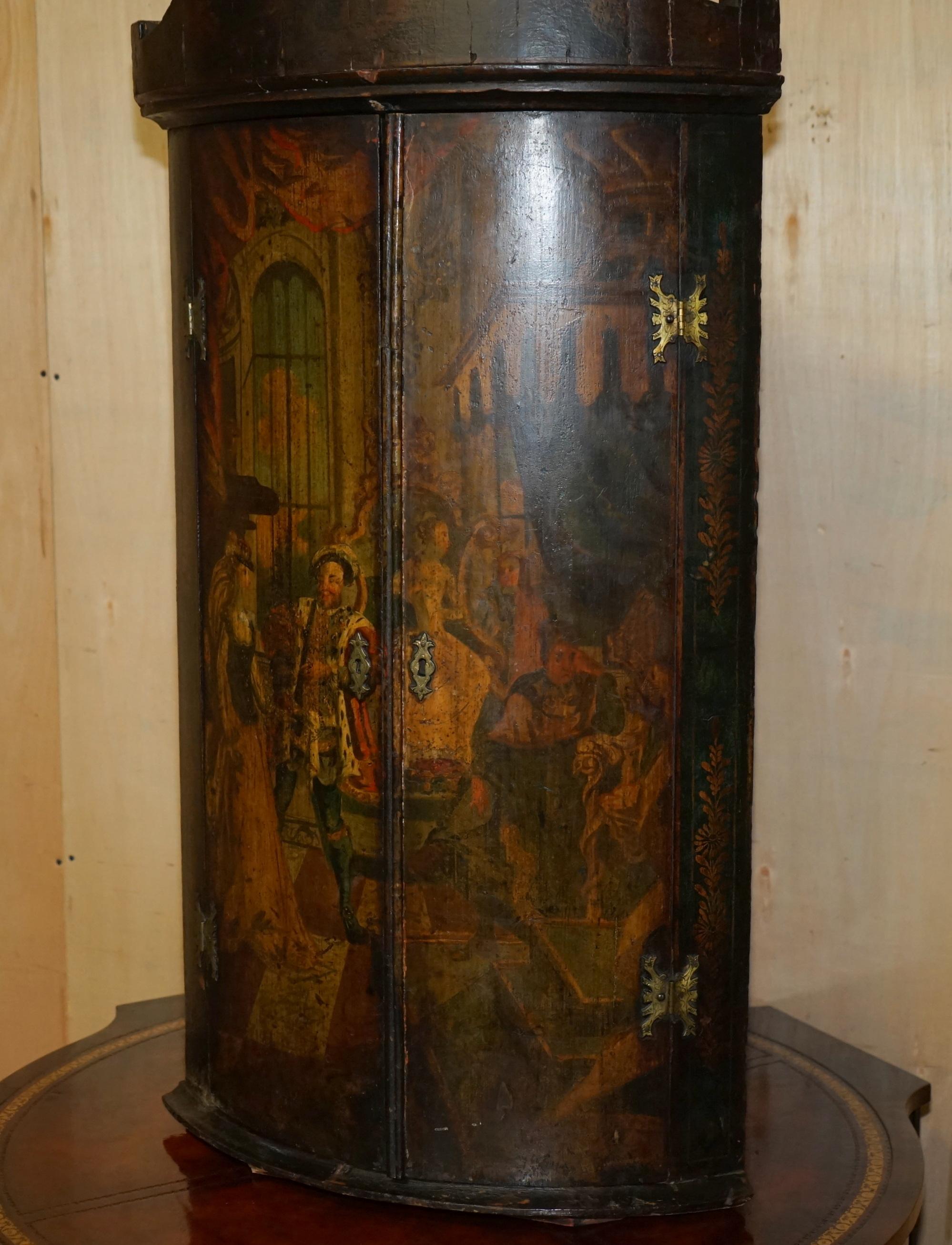 GEORGE I CIRCA 1700 HENRY VIII POLYCHROME PAiNTED CORNER WALL CABINET MUST SEE en vente 3