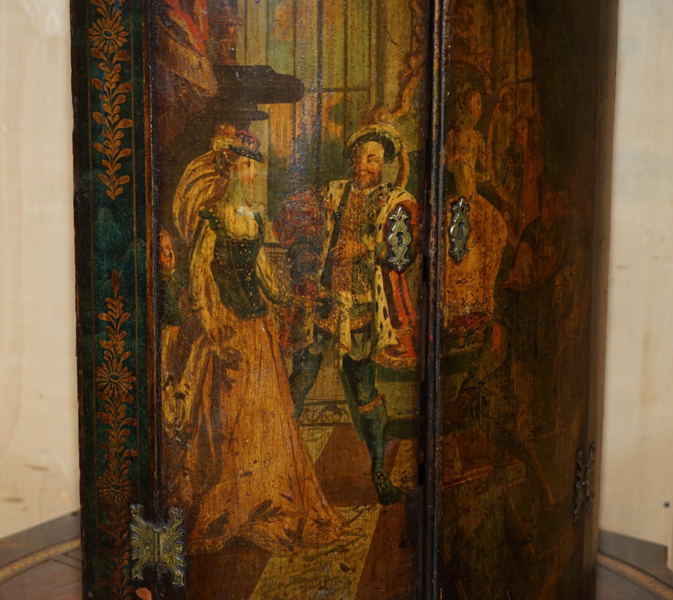 George I GEORGE I CIRCA 1700 HENRY VIII POLYCHROME PAiNTED CORNER WALL CABINET MUST SEE For Sale