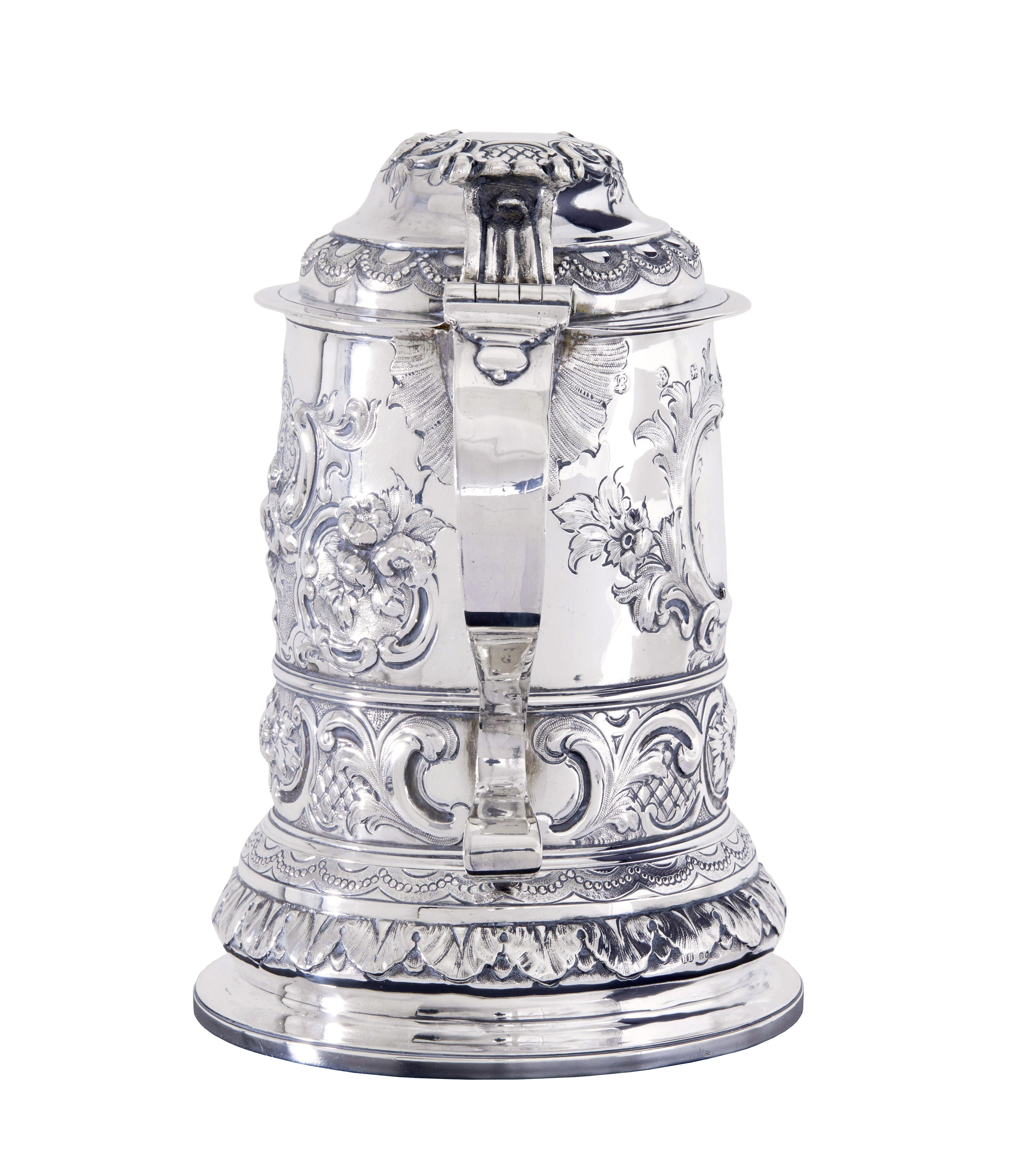 English George I silver rococo silver lidded tankard by John Penfold For Sale