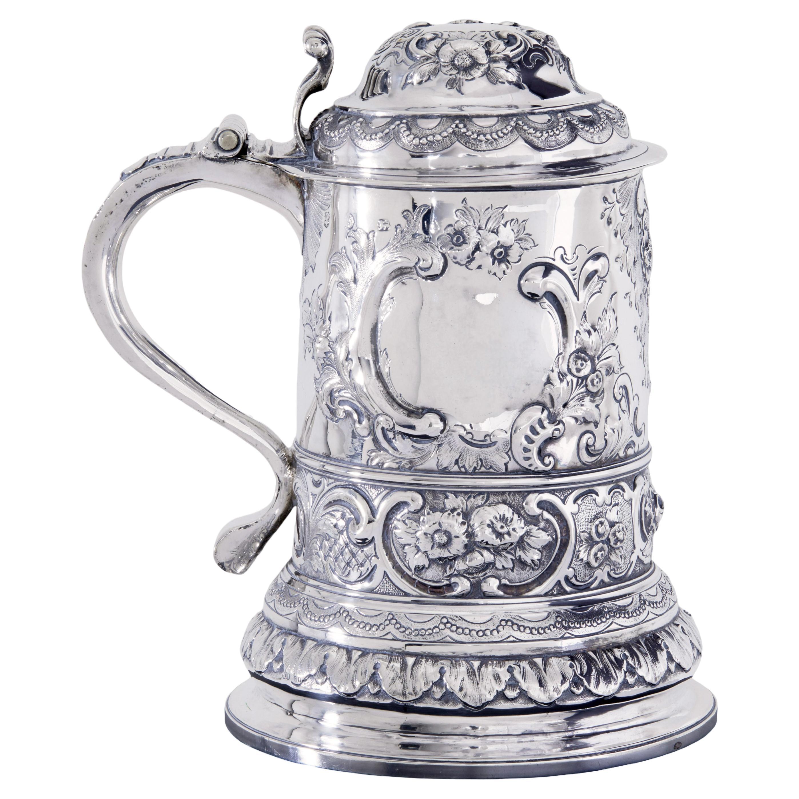 George I silver rococo silver lidded tankard by John Penfold For Sale