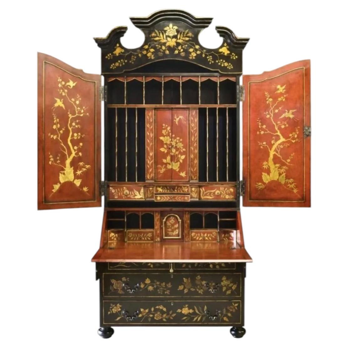 George I Style Black & Gold Chinoiserie Secretary Desk With Red Interior
