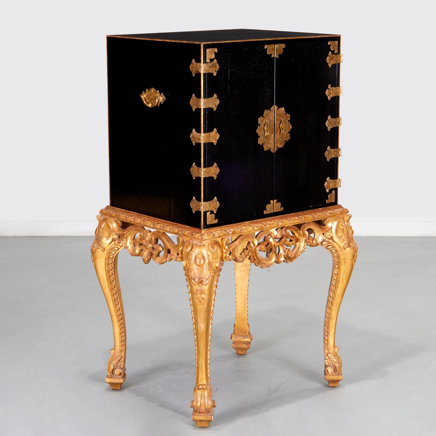 George I Style Brass Mounted Ebonised Cabinet/DryBar on Giltwood Stand For Sale 4