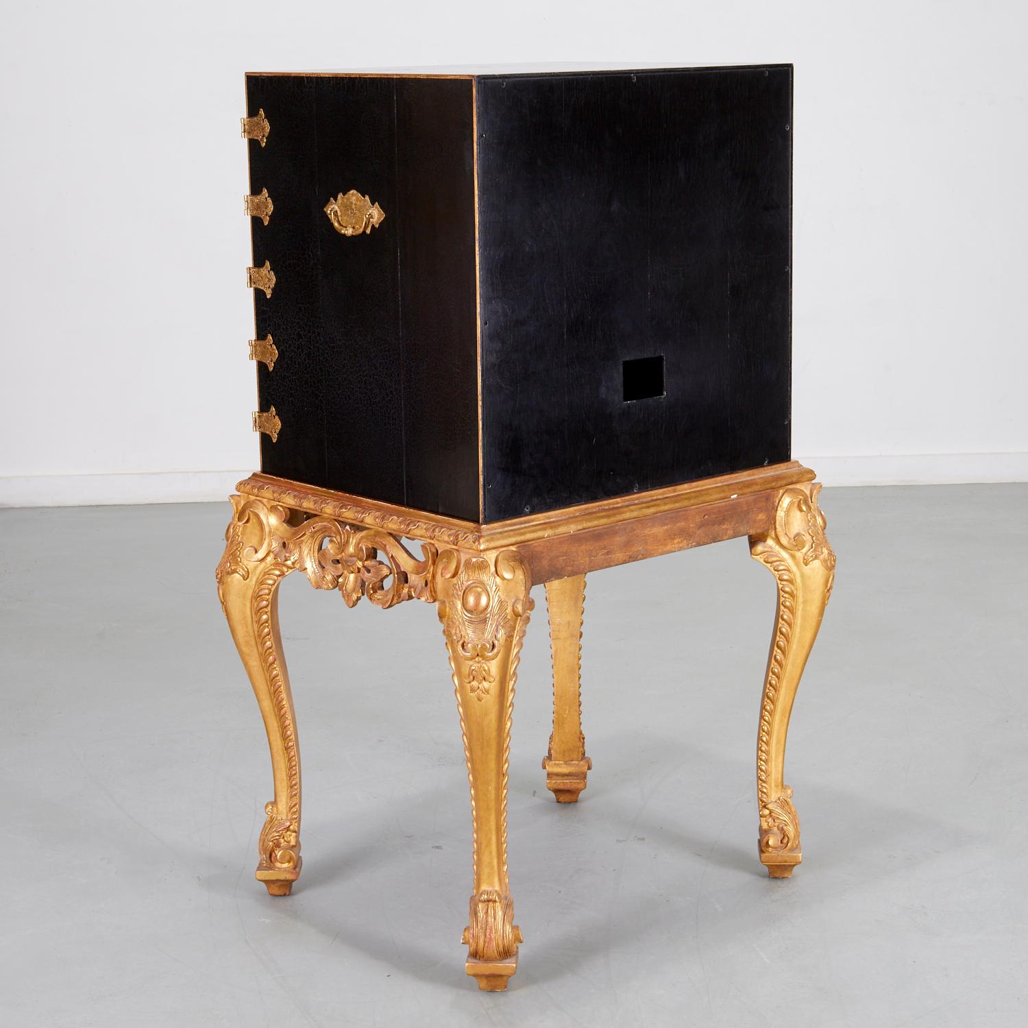 George I Style Brass Mounted Ebonised Cabinet/DryBar on Giltwood Stand For Sale 3