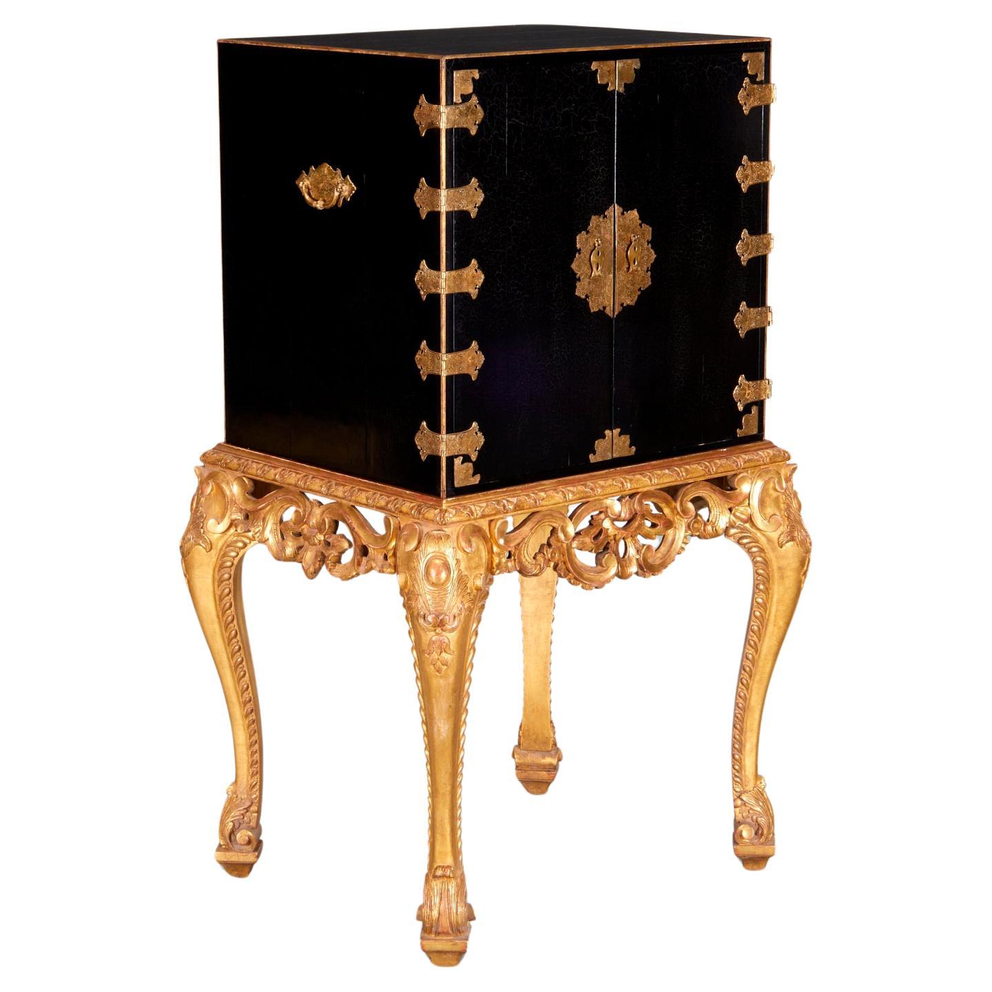 George I Style Brass Mounted Ebonised Cabinet/DryBar on Giltwood Stand For Sale