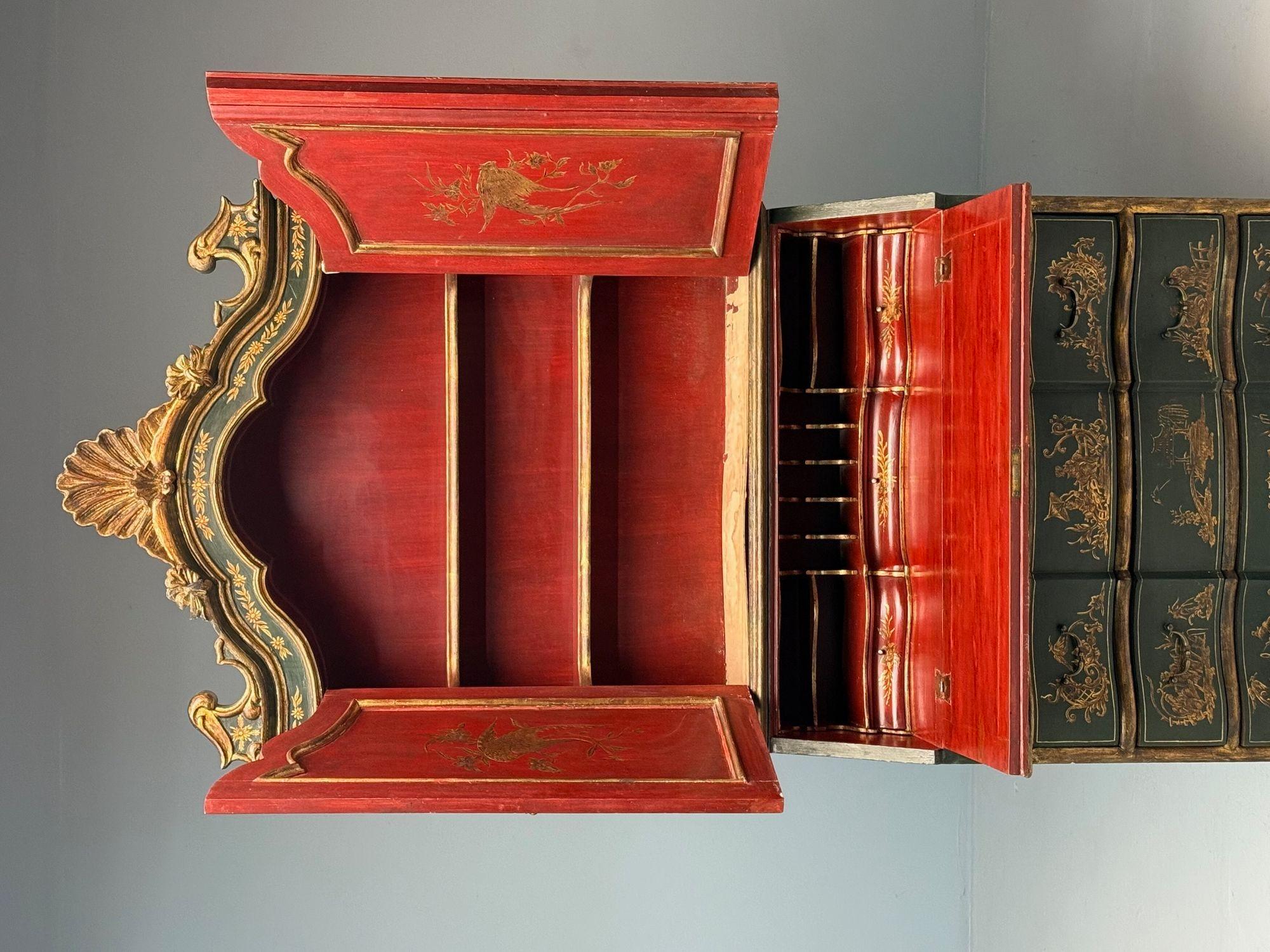 George I Style, Chinoiserie, Green-Japanned Desk, Bookcase, Parcel-Gilt, 1920s 4