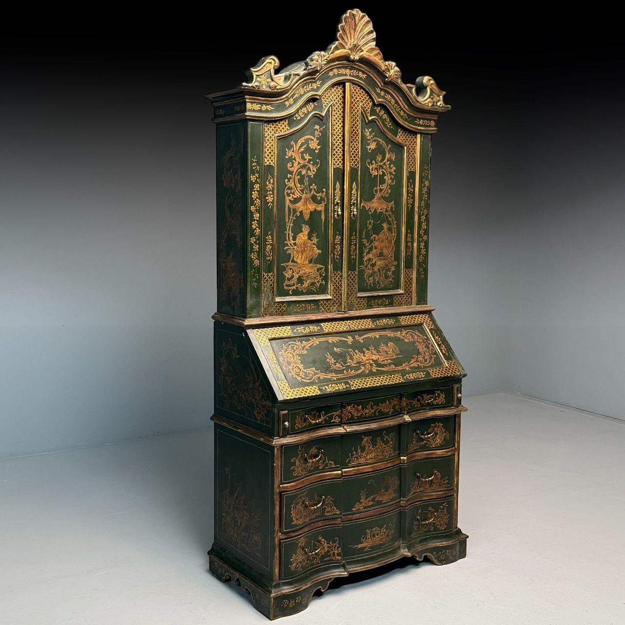 Chinoiserie, Secretary Desk with Bookcase in the George I Style, Green Lacquer, Giltwood, China, 1920s

This Two Piece Chinoiserie carved parcel gold and green lacquer secretary desk is a striking and opulent piece. It features a hand-decorated