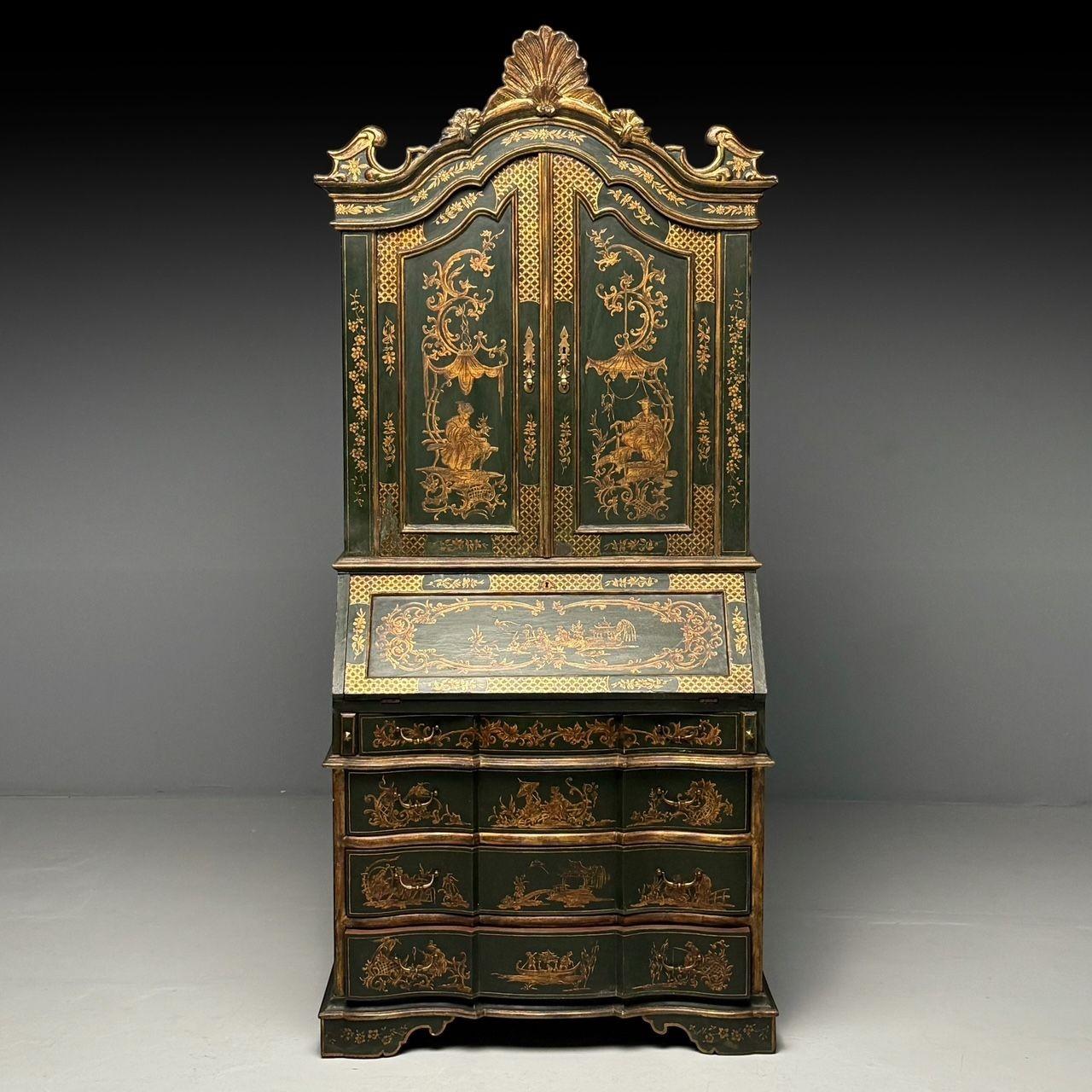 Chinese George I Style, Chinoiserie, Green-Japanned Desk, Bookcase, Parcel-Gilt, 1920s