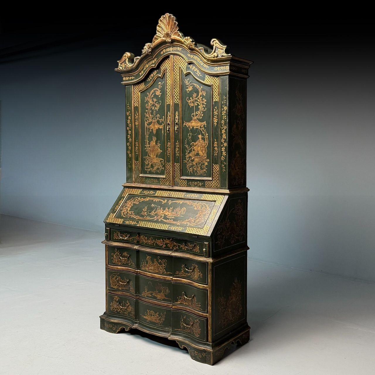 George I Style, Chinoiserie, Green-Japanned Desk, Bookcase, Parcel-Gilt, 1920s In Fair Condition In Manhasset, NY
