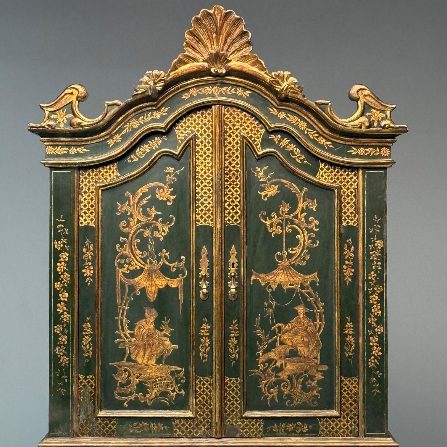20th Century George I Style, Chinoiserie, Green-Japanned Desk, Bookcase, Parcel-Gilt, 1920s