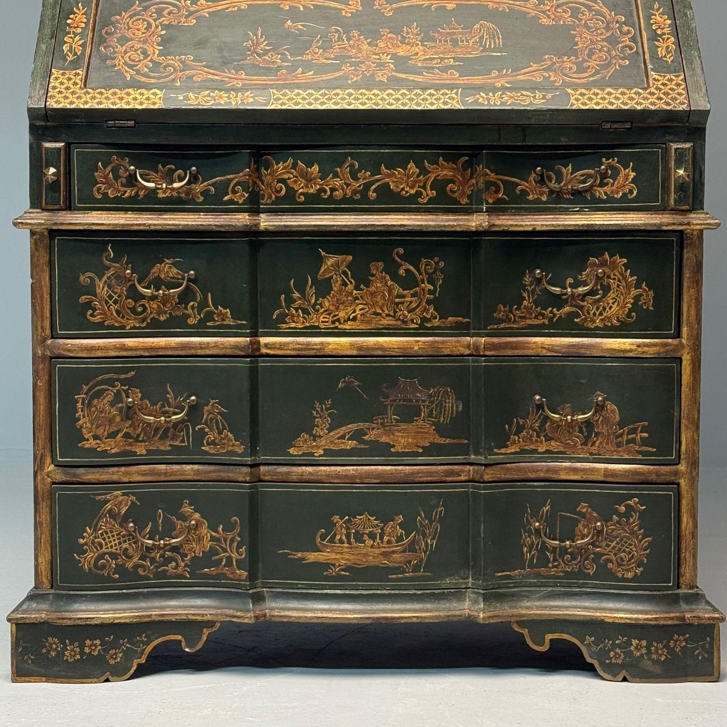 Giltwood George I Style, Chinoiserie, Green-Japanned Desk, Bookcase, Parcel-Gilt, 1920s
