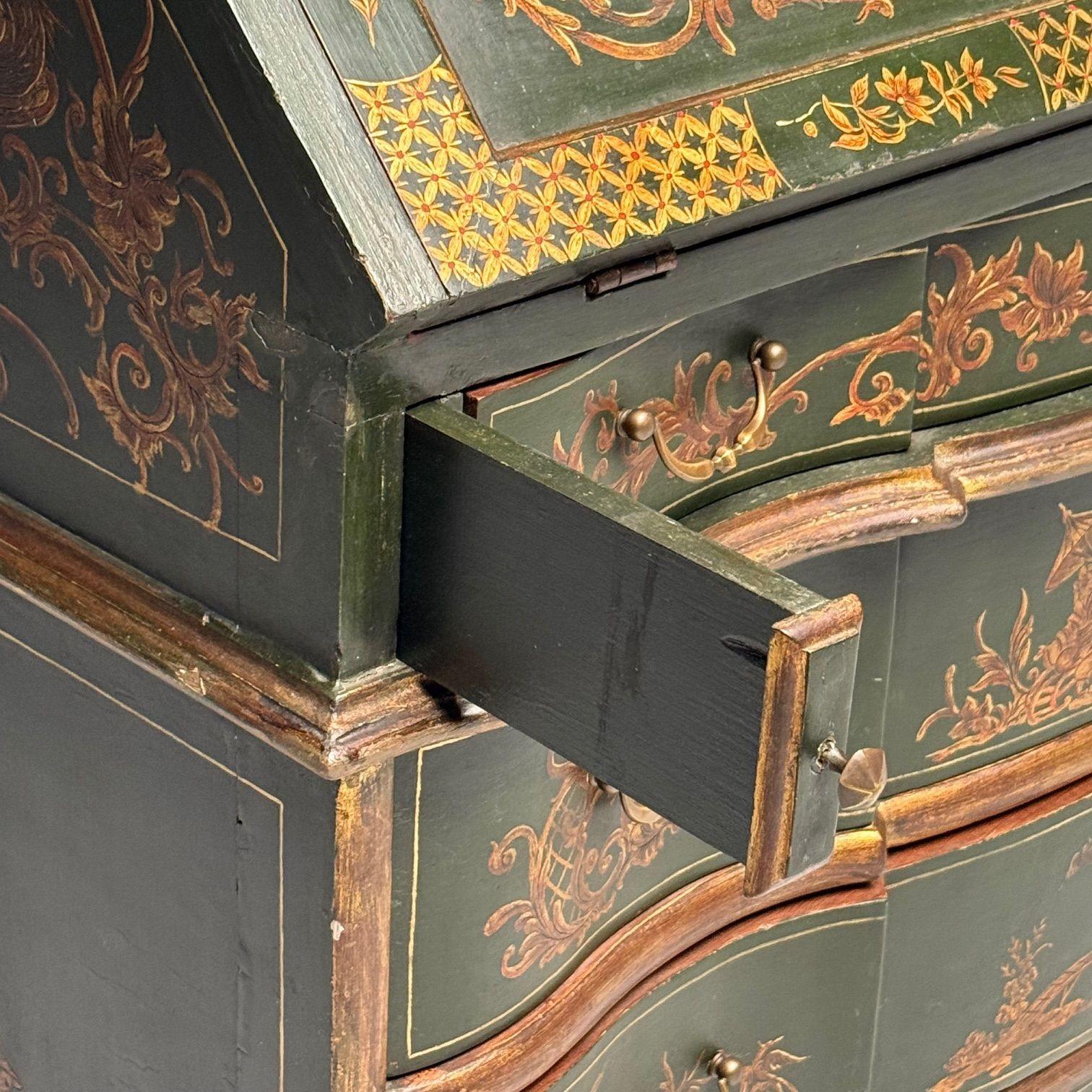George I Style, Chinoiserie, Green-Japanned Desk, Bookcase, Parcel-Gilt, 1920s 1