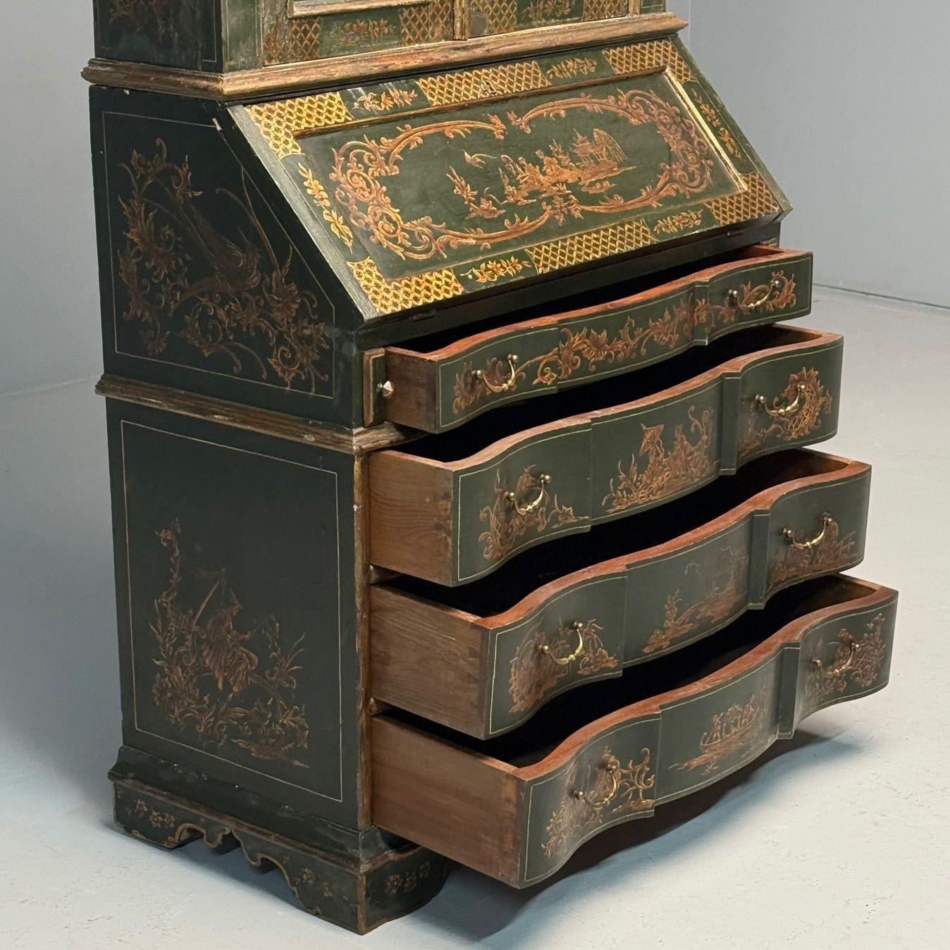 George I Style, Chinoiserie, Green-Japanned Desk, Bookcase, Parcel-Gilt, 1920s 2
